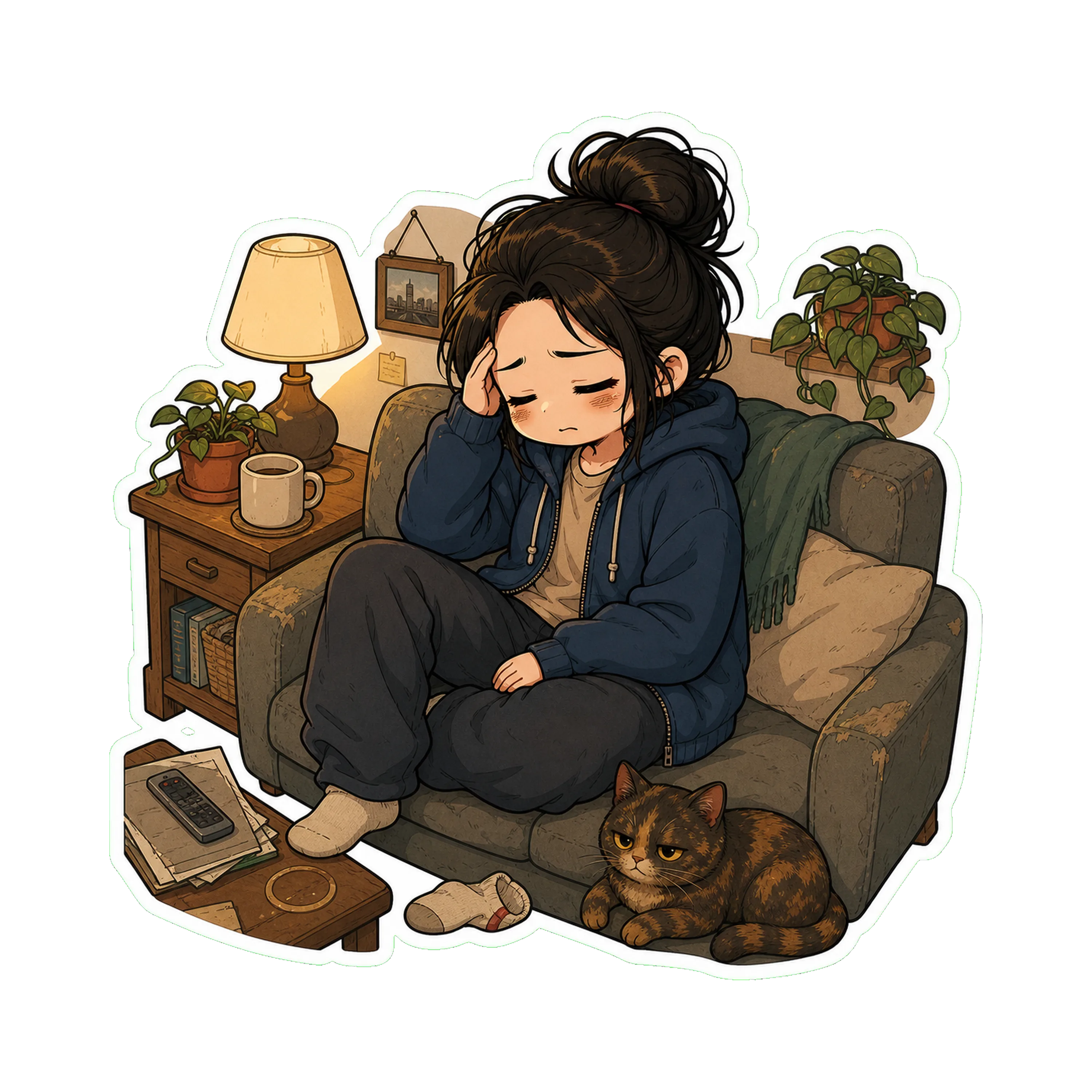 Jan on the couch in the hoodie, hand at her temple, eyes closed