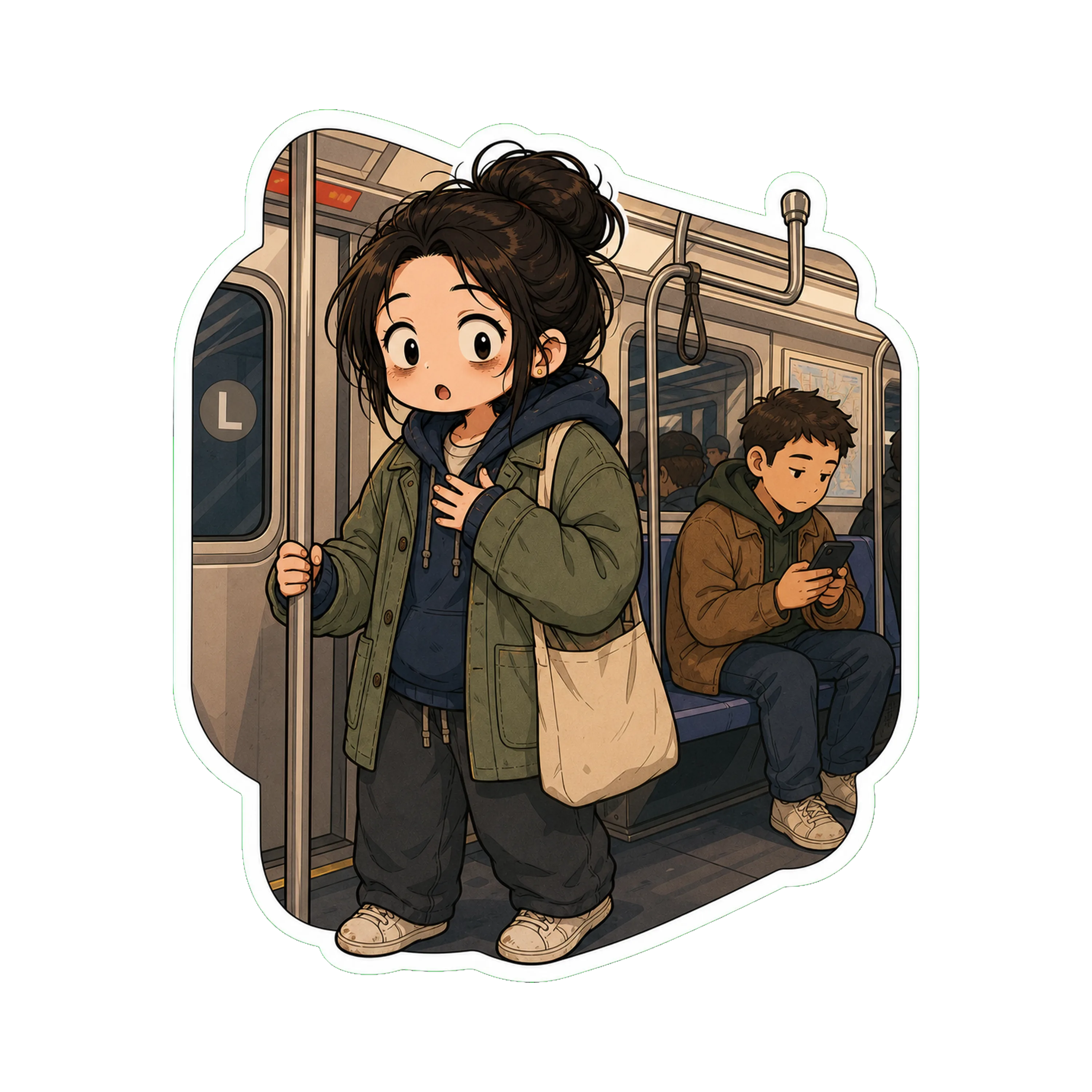 Jan on a crowded L train, standing, one hand at her chest, eyes wide for a moment