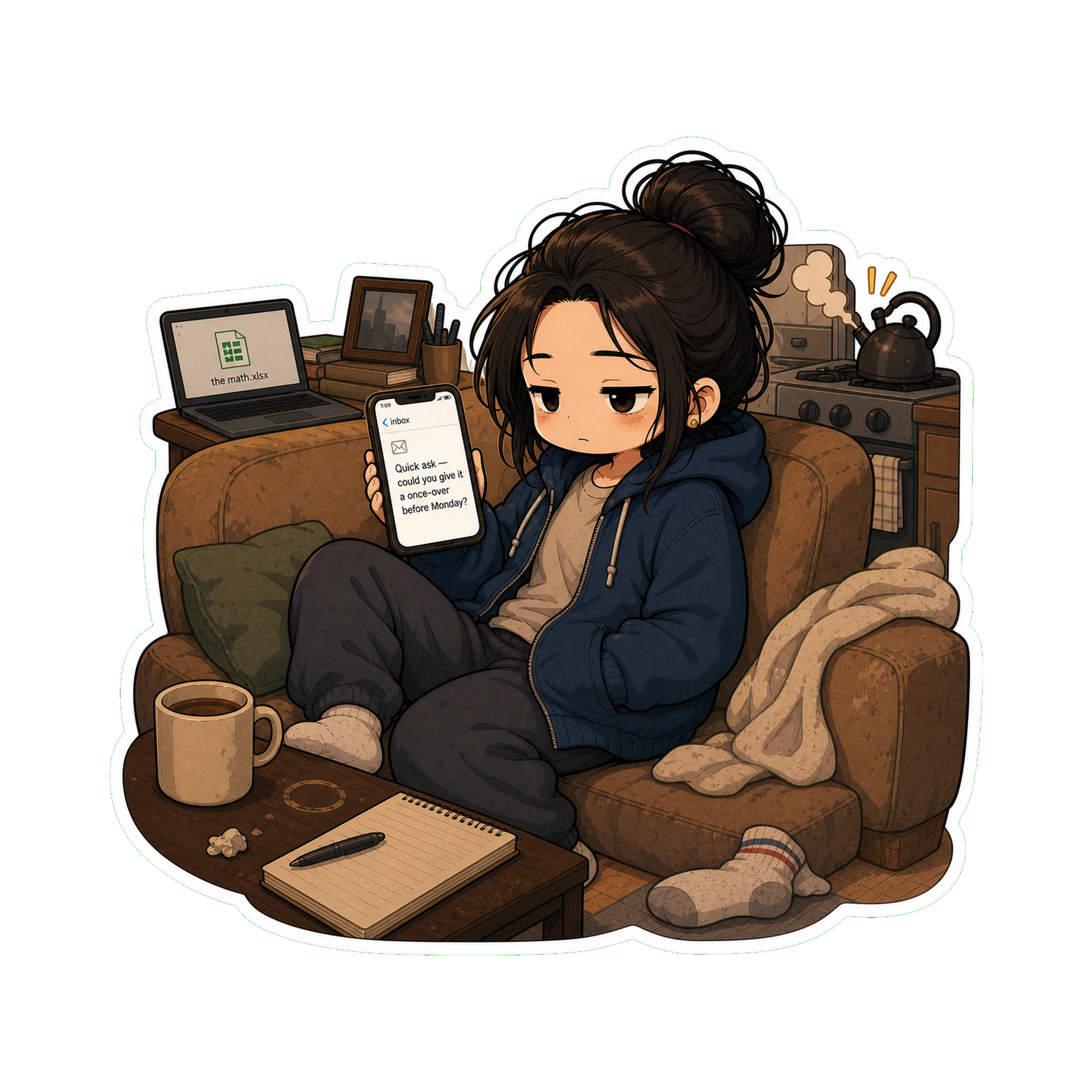 Jan on the couch in the hoodie at 7:09 PM, phone in hand