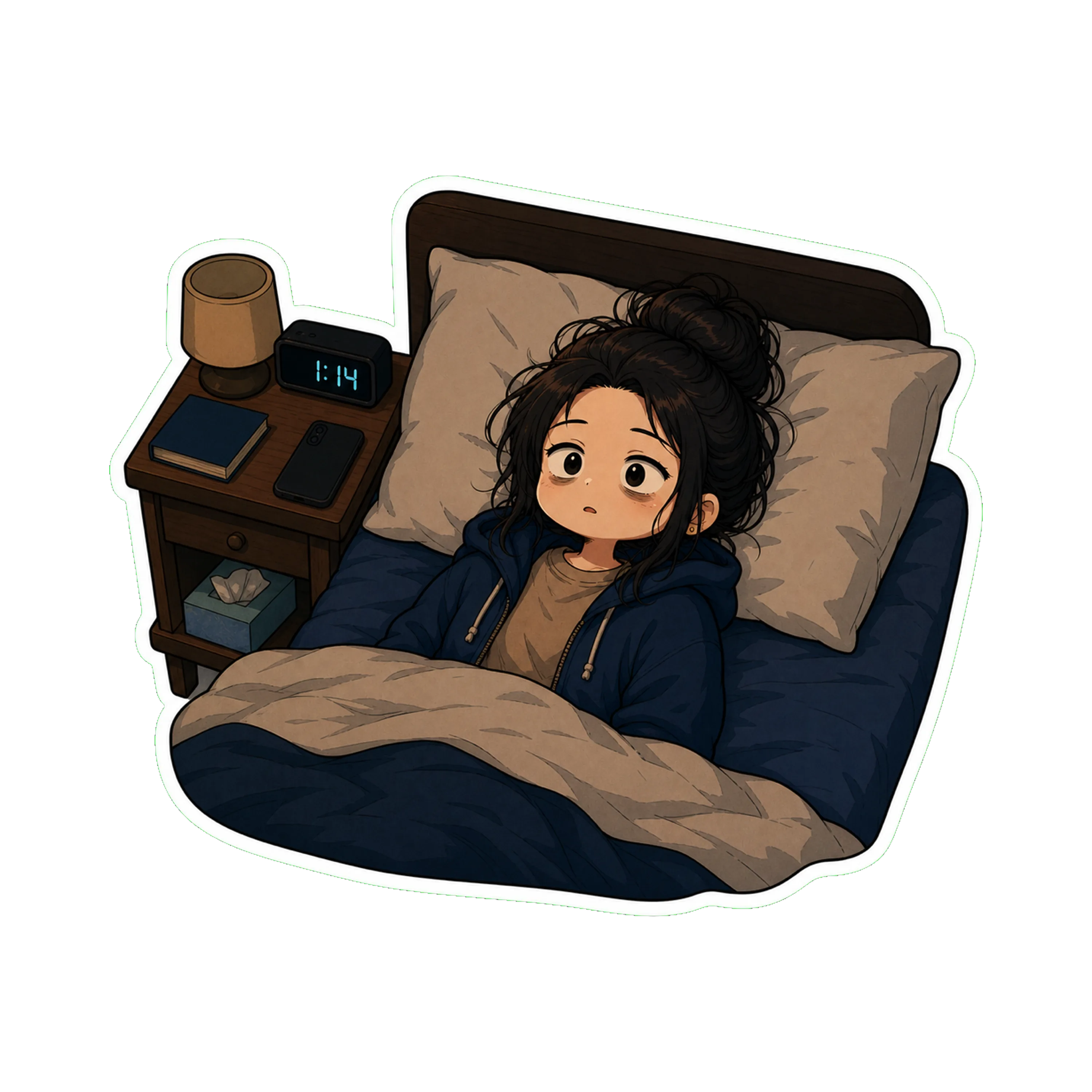Jan in bed at 1:14am, phone face-down on the nightstand, eyes open in the dark, on her back