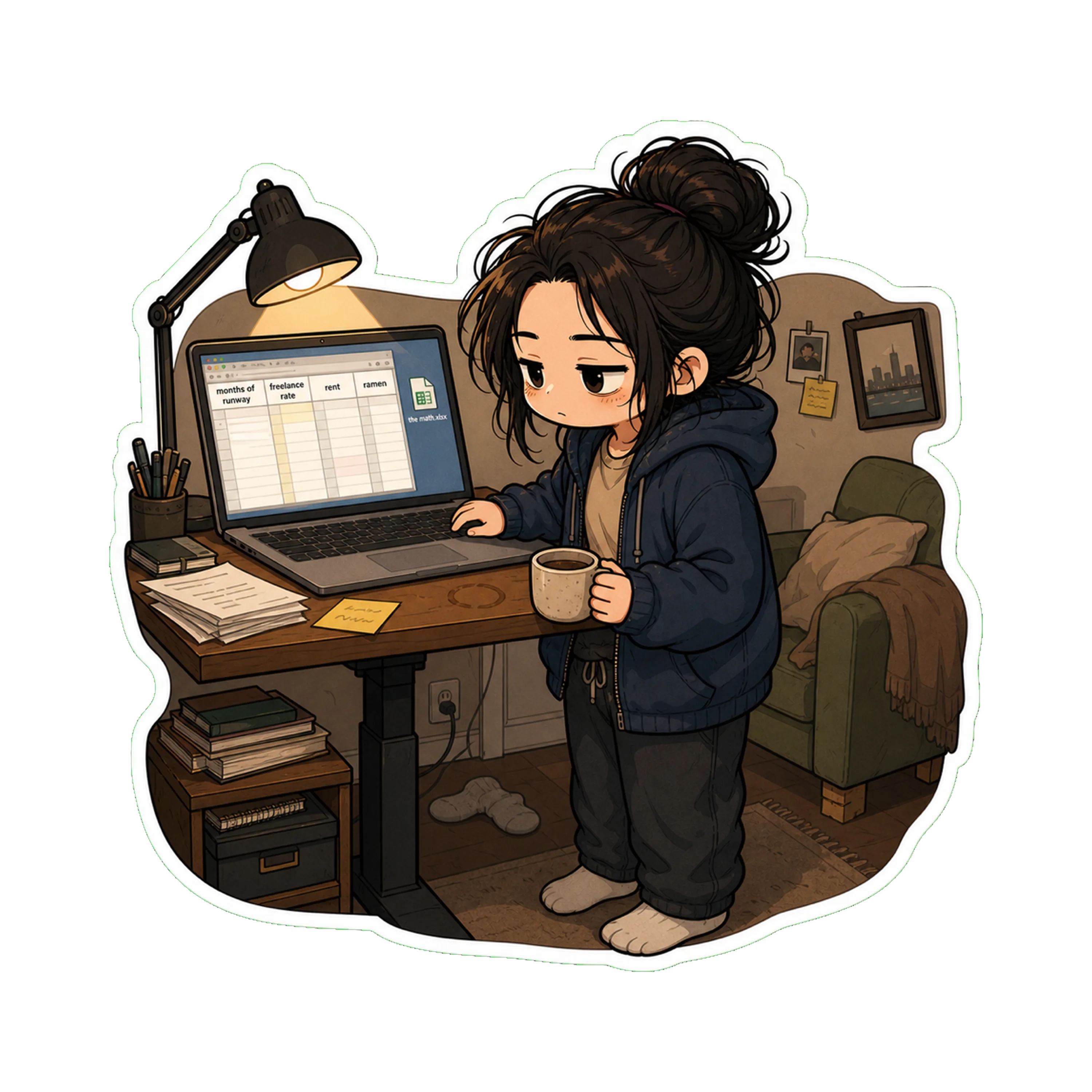Jan at her standing desk at 11pm, laptop open to a spreadsheet — columns visible: *'months of runway,' 'freelance rate,' 'rent,' 'ramen.'* Hoodie on, hair partly out of the bun