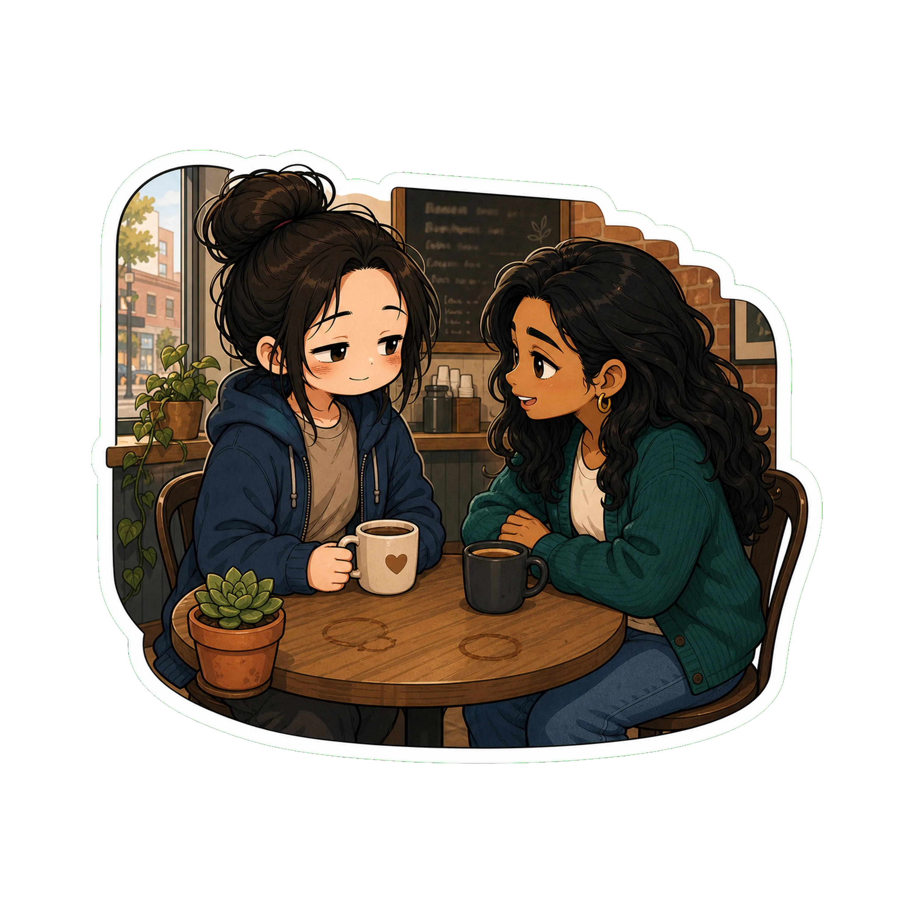 Jan with Priya at a small Greenpoint café, two coffees on a small table, Priya leaning slightly forward