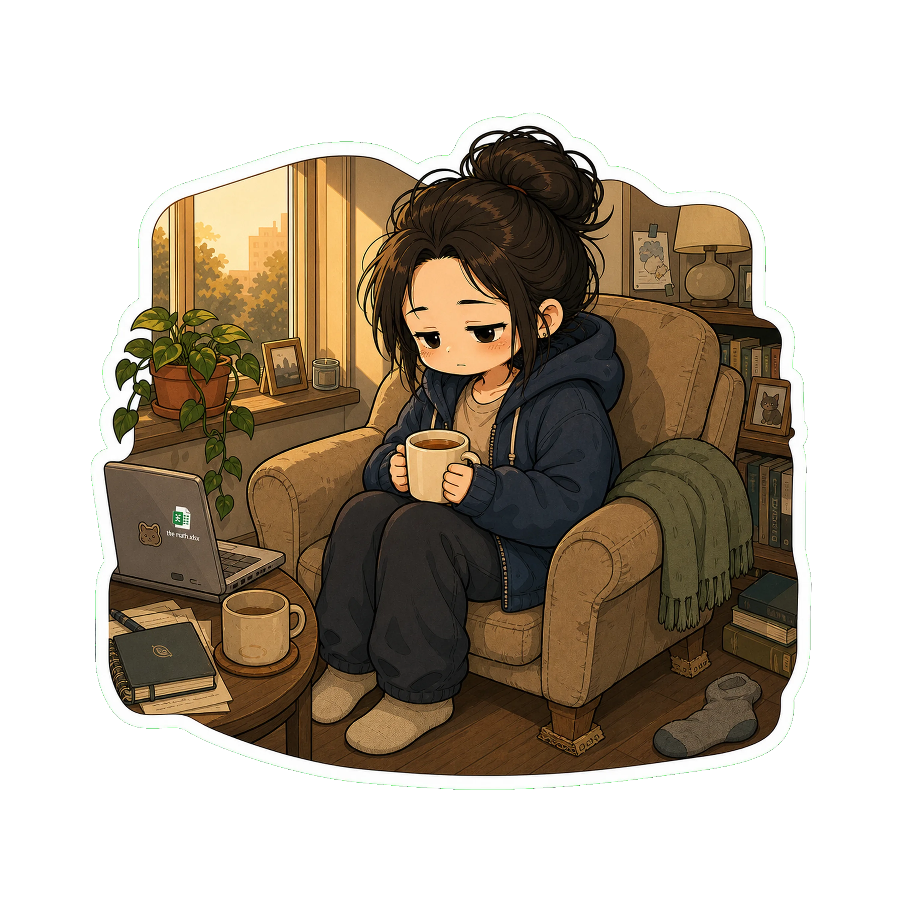 Jan by the window in the golden Sunday-at-four light, hoodie on, holding tea — *but the body language is different.* Shoulders slightly forward, eyes lower, the chair not as upr…