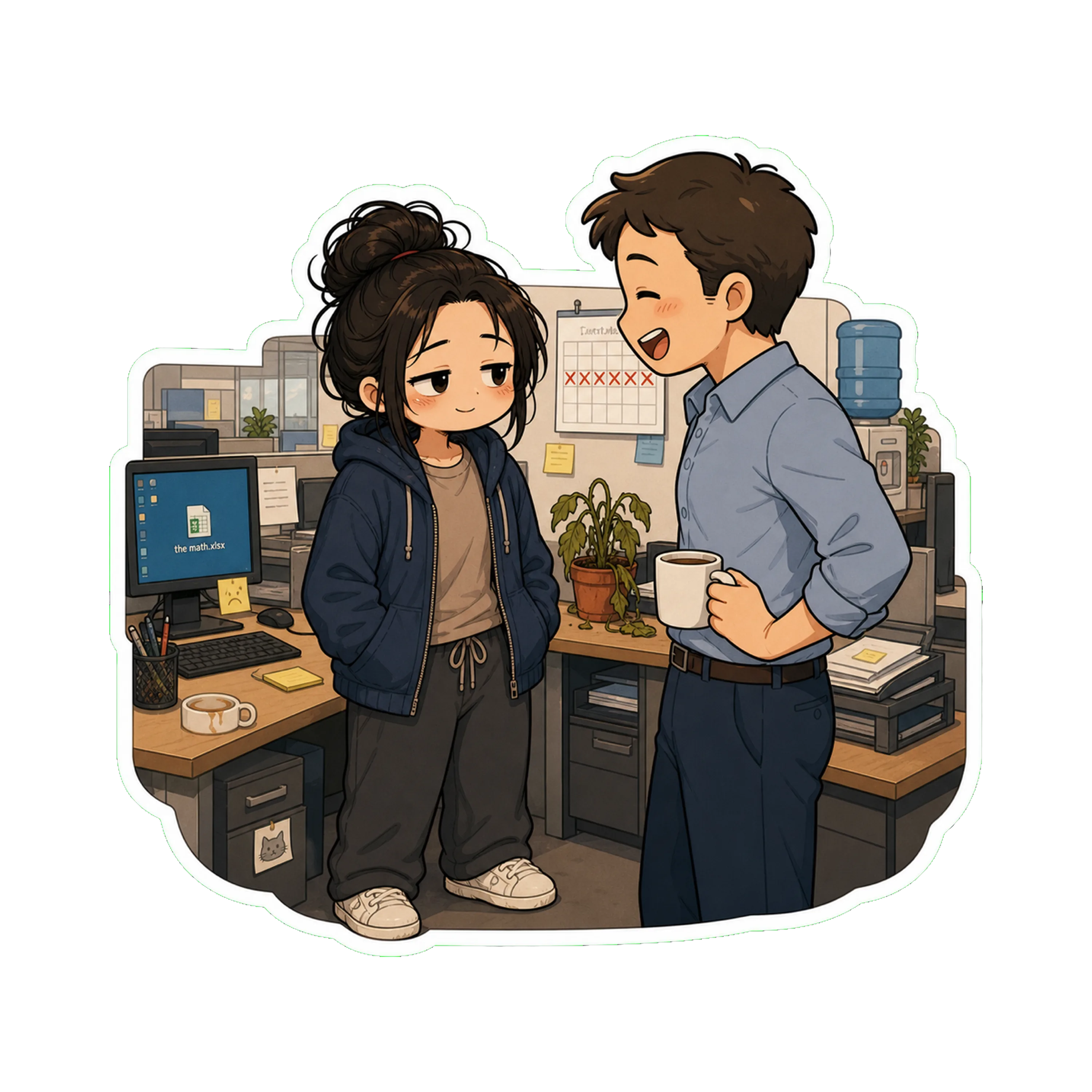 Jan and her manager in a clearly corporate space — small open-plan office visible behind them
