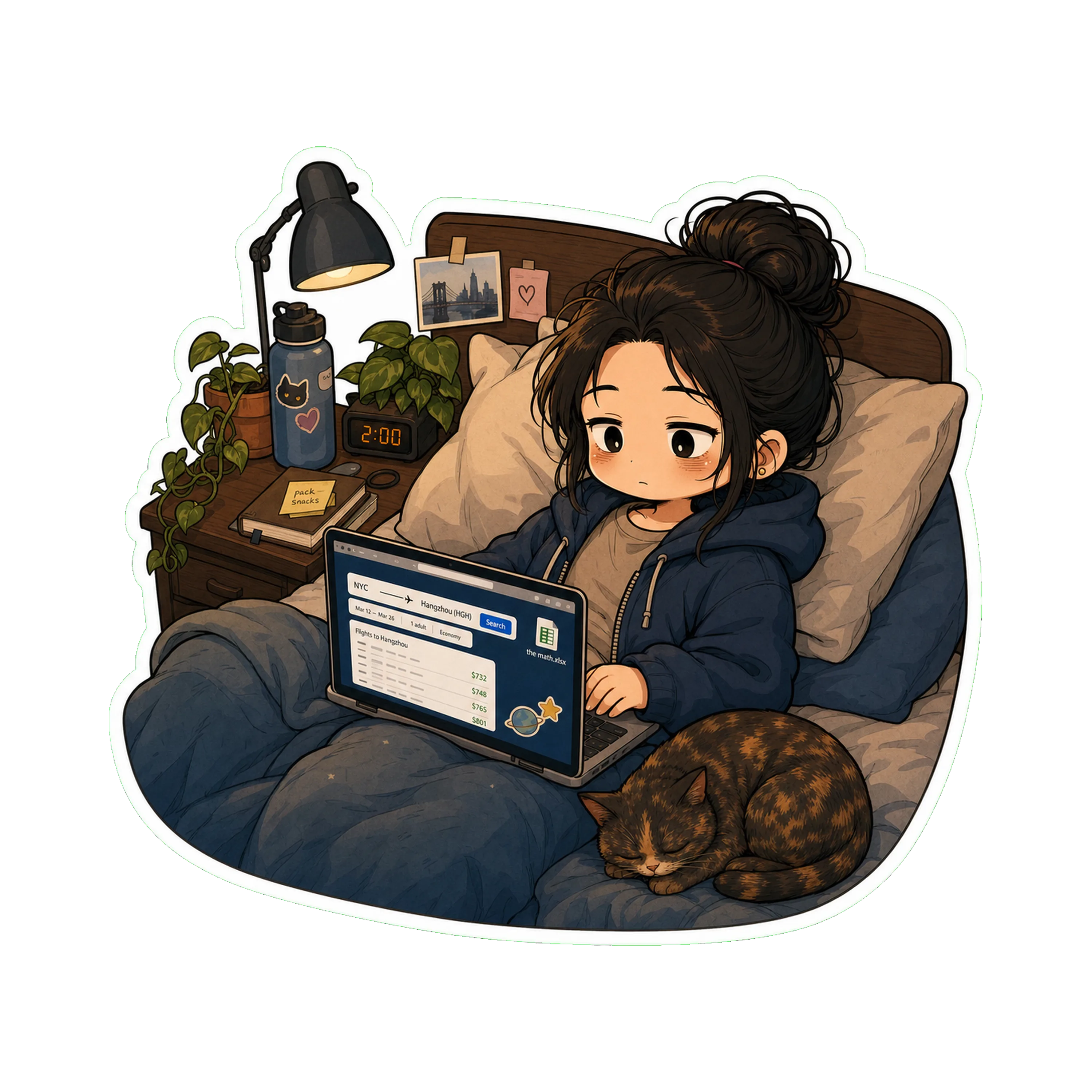 Jan in bed at 2am, laptop on her stomach, screen visible — a flights search to 'Hangzhou' or 'Asia.' Hoodie on