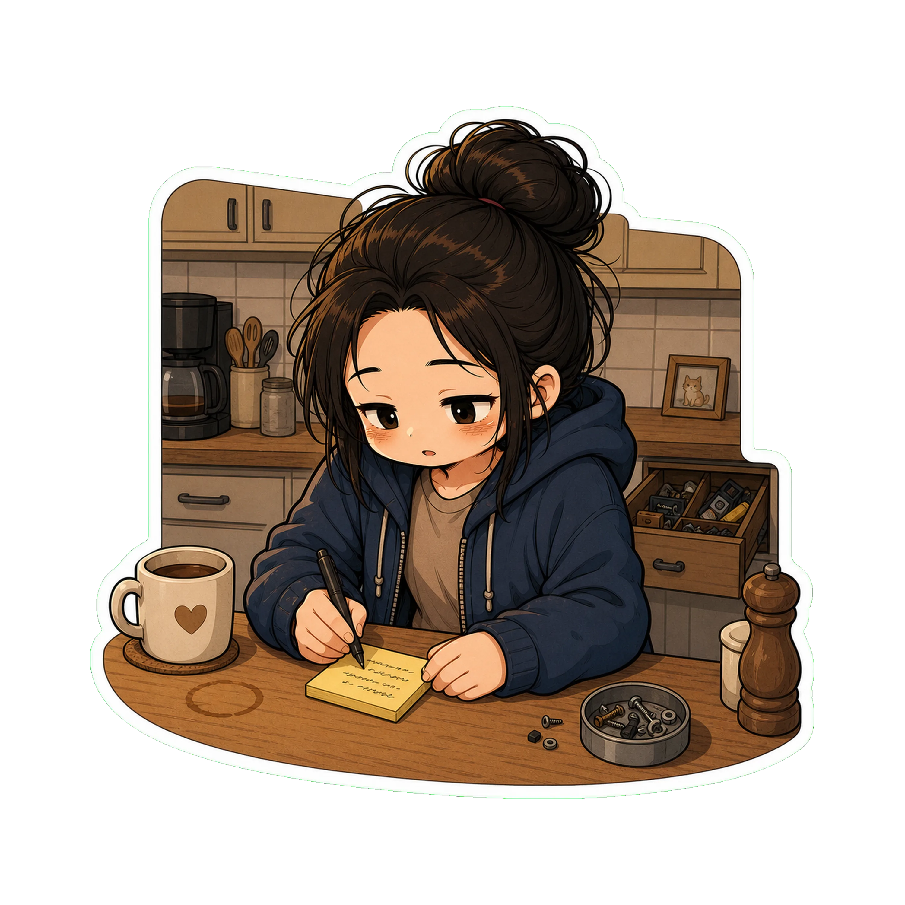 Jan at her kitchen counter, holding a yellow sticky note, pen in hand