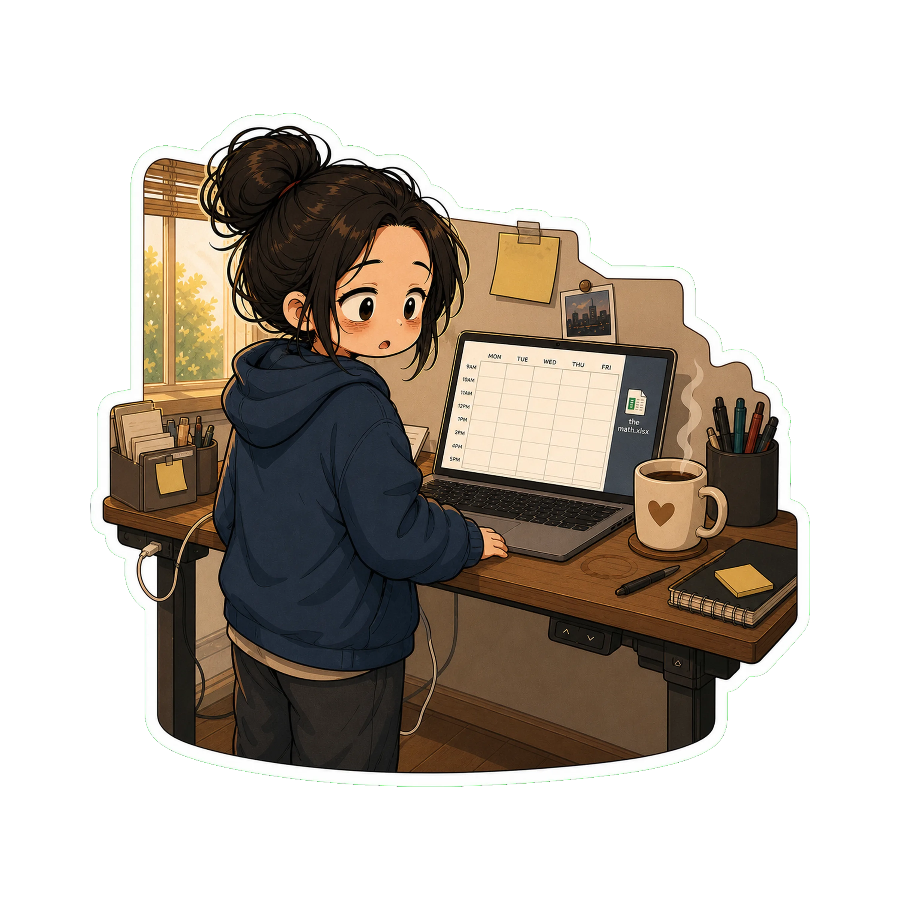 Jan at her standing desk on a Monday morning