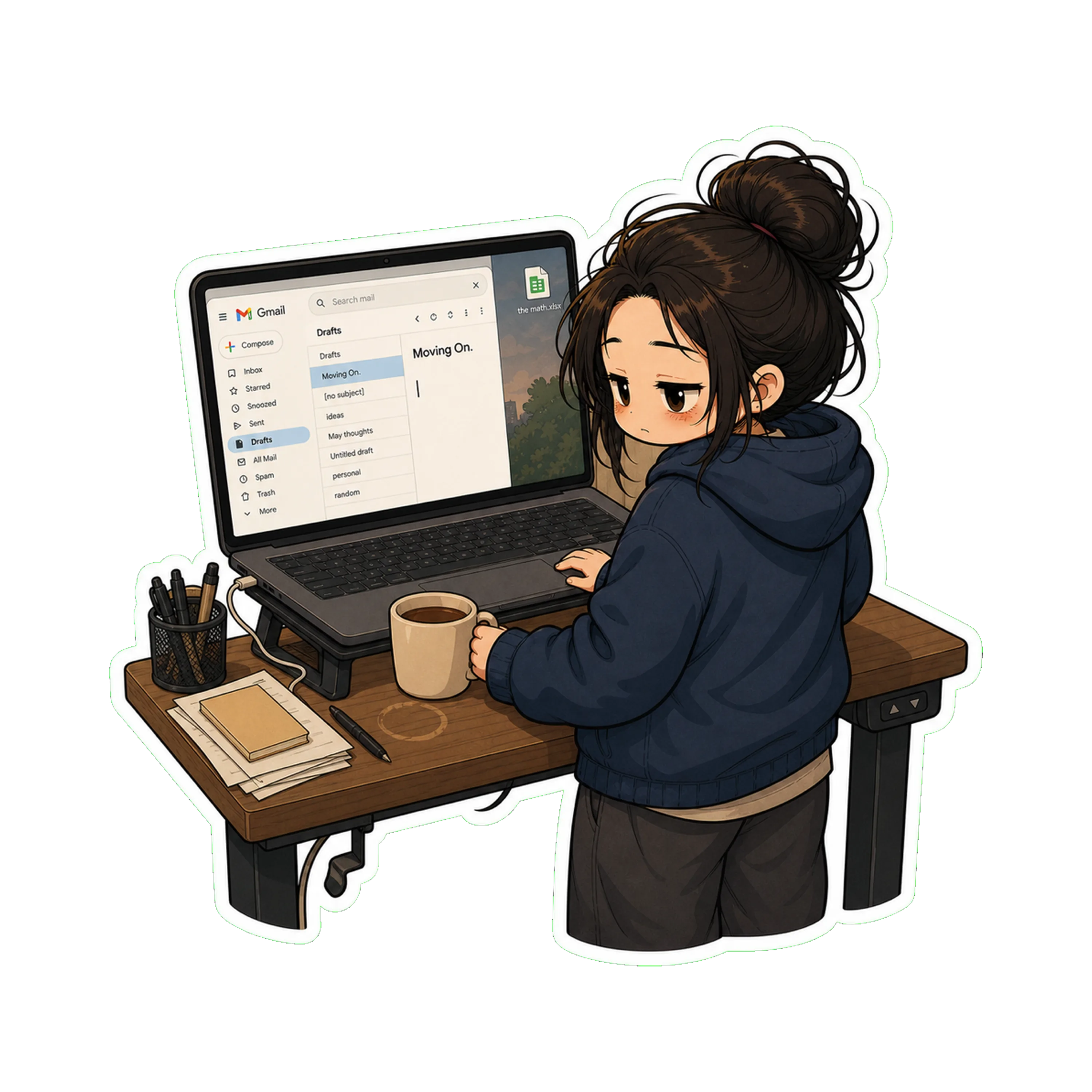 Jan at her standing desk in the hoodie, laptop open to her Gmail drafts folder