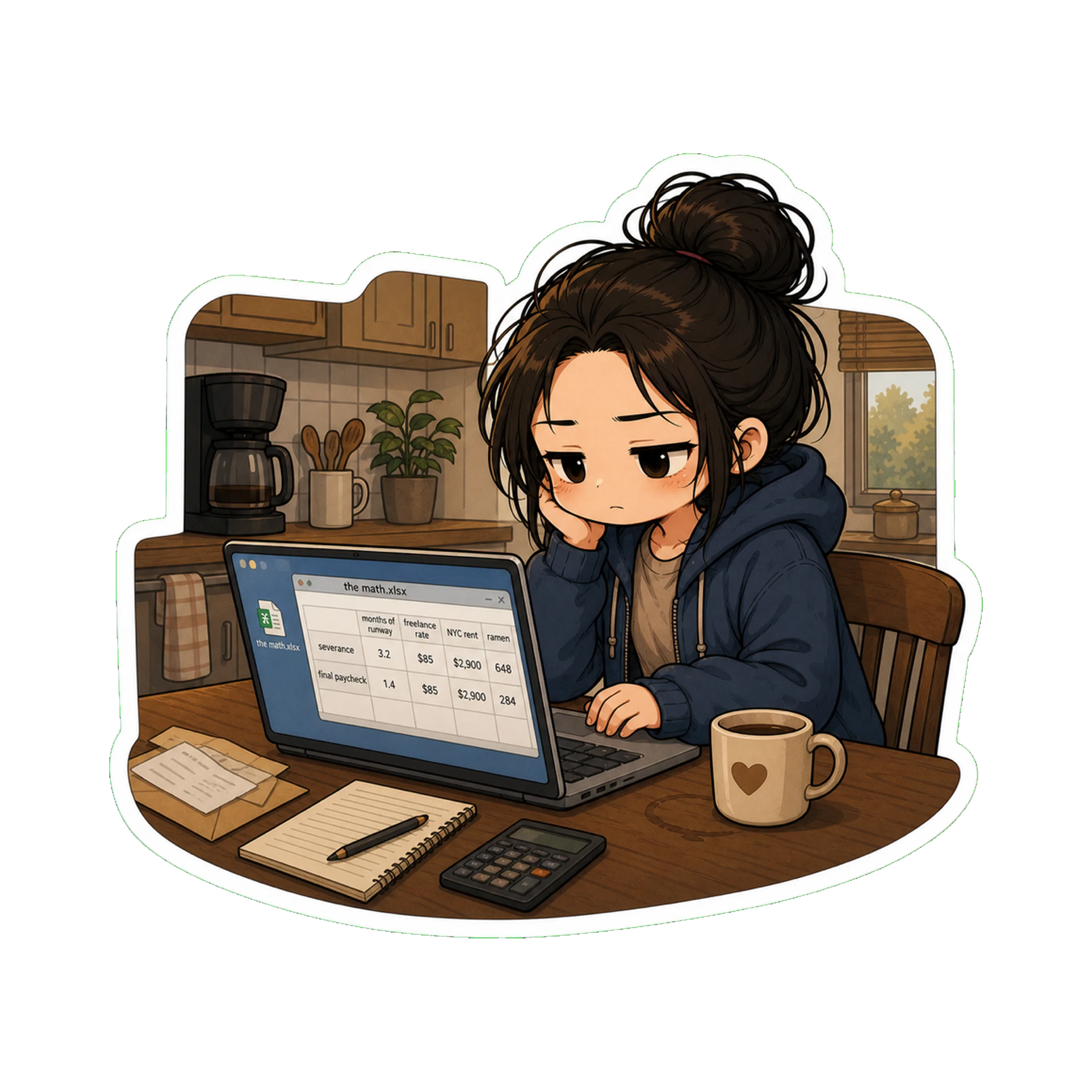 Jan at the kitchen table, hoodie on, laptop open to the spreadsheet —  (months of runway / freelance rate / NYC rent / ramen)