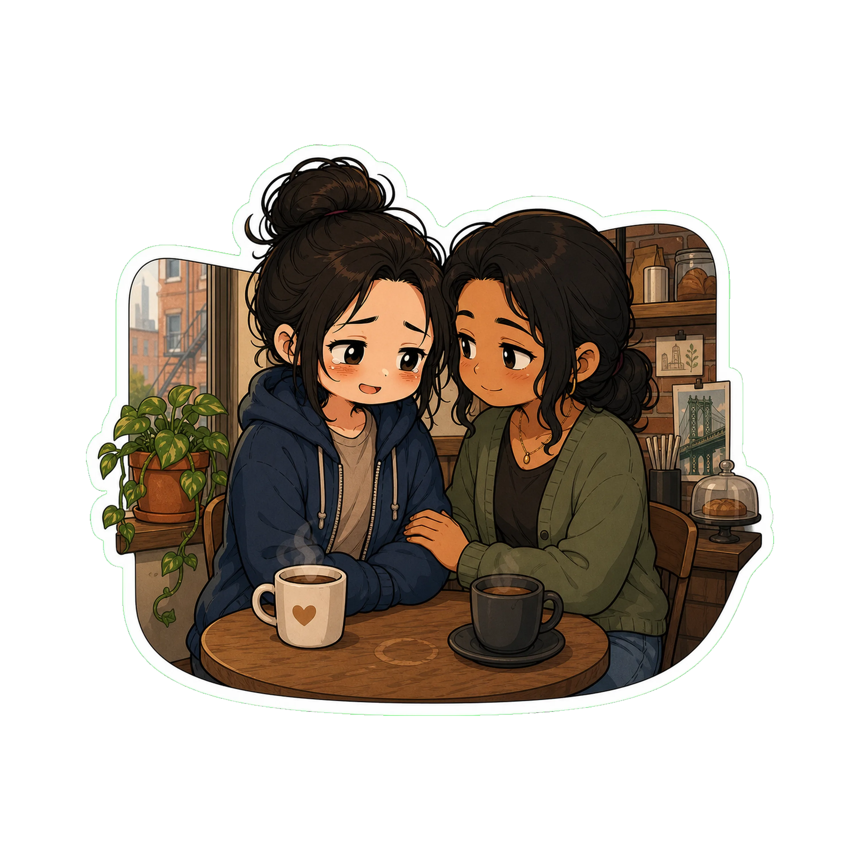 Jan and Priya at the small Greenpoint café — the same café from Pack 05 #02 and Pack 07 #05