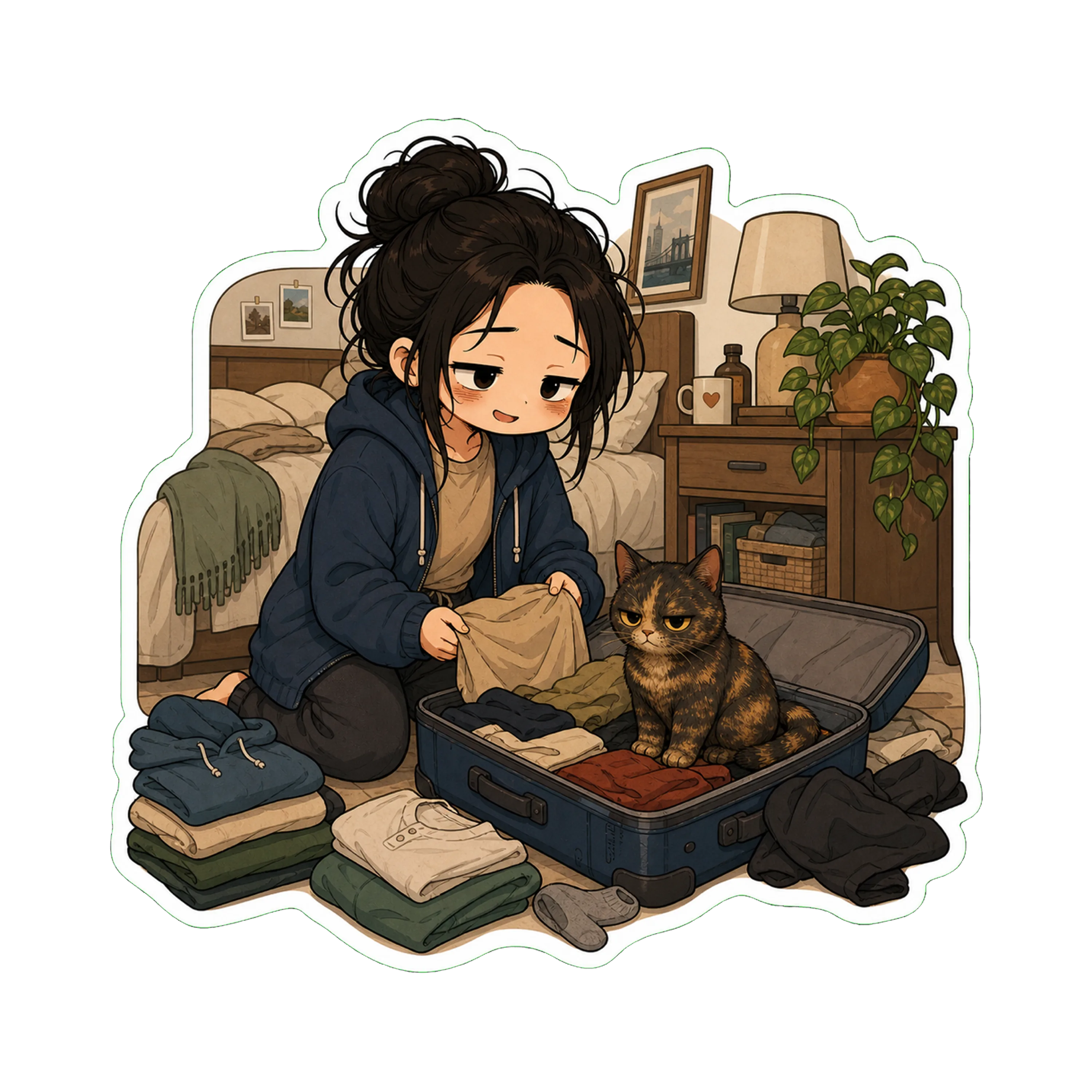 Jan packing a small suitcase in the bedroom, the hoodie on, hair partly out of the bun