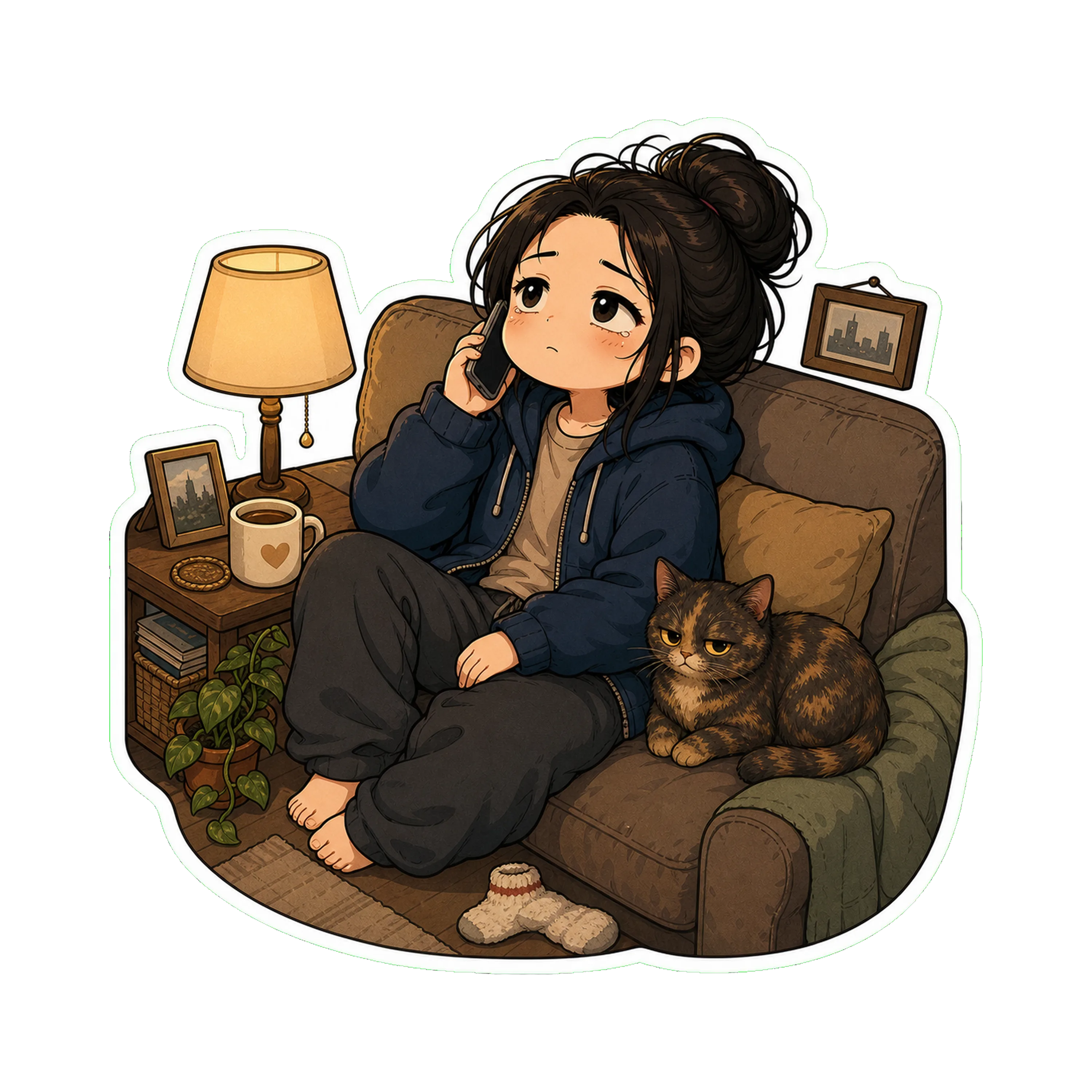 Jan on the couch in the hoodie, phone to her ear, looking up at the ceiling