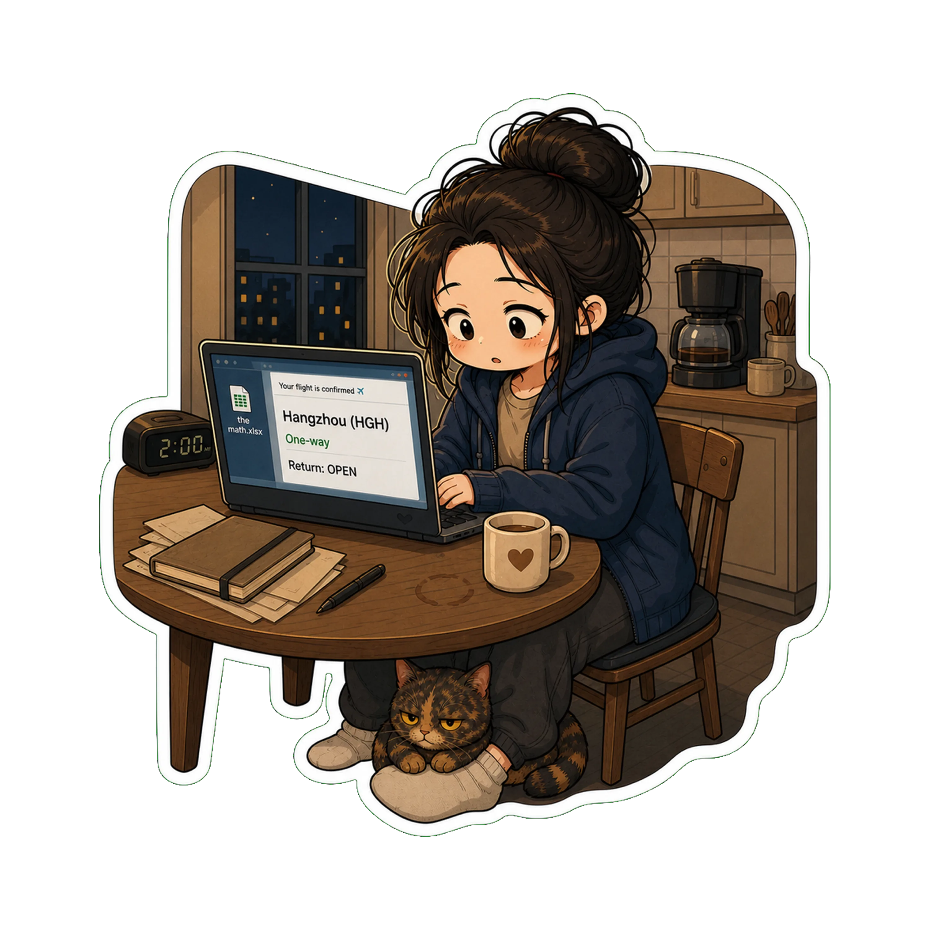 Jan at the kitchen table at 2am, hoodie on, laptop open to a flight confirmation page —  Eyes wide and quiet