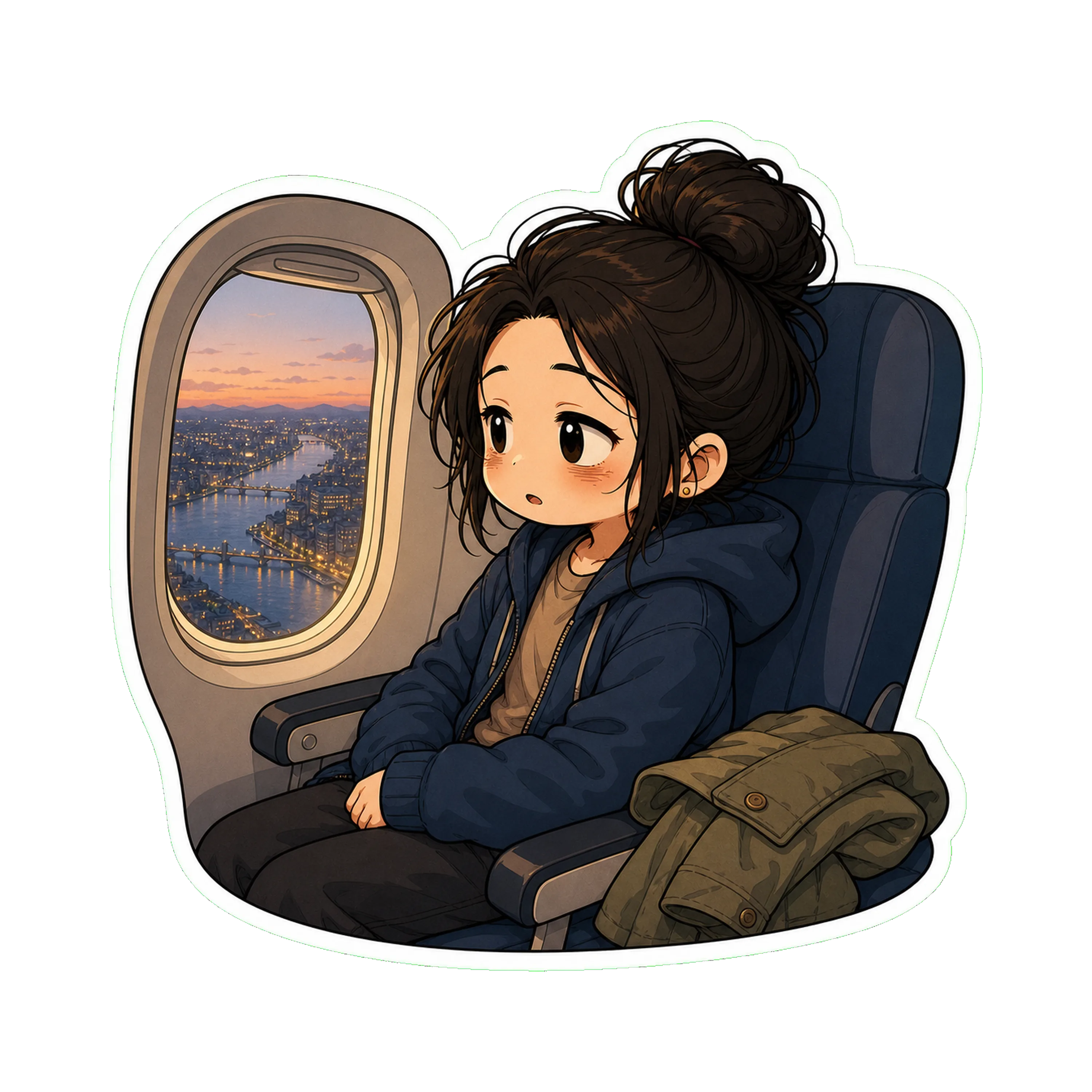 Jan in the airplane seat looking out the small oval window