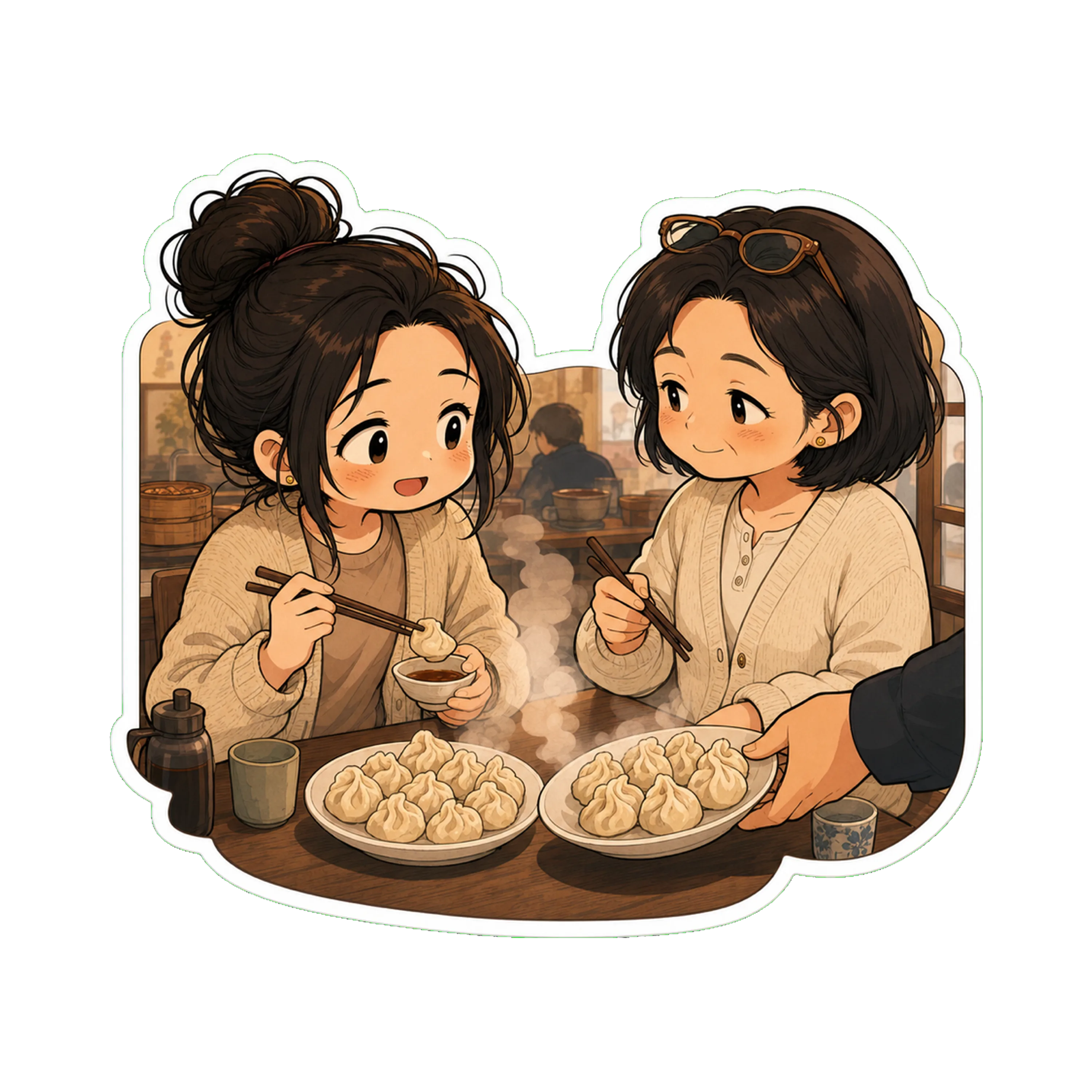 Tight focus — Jan and Mom seated across from each other at a small table, a steaming plate of dumplings between them
