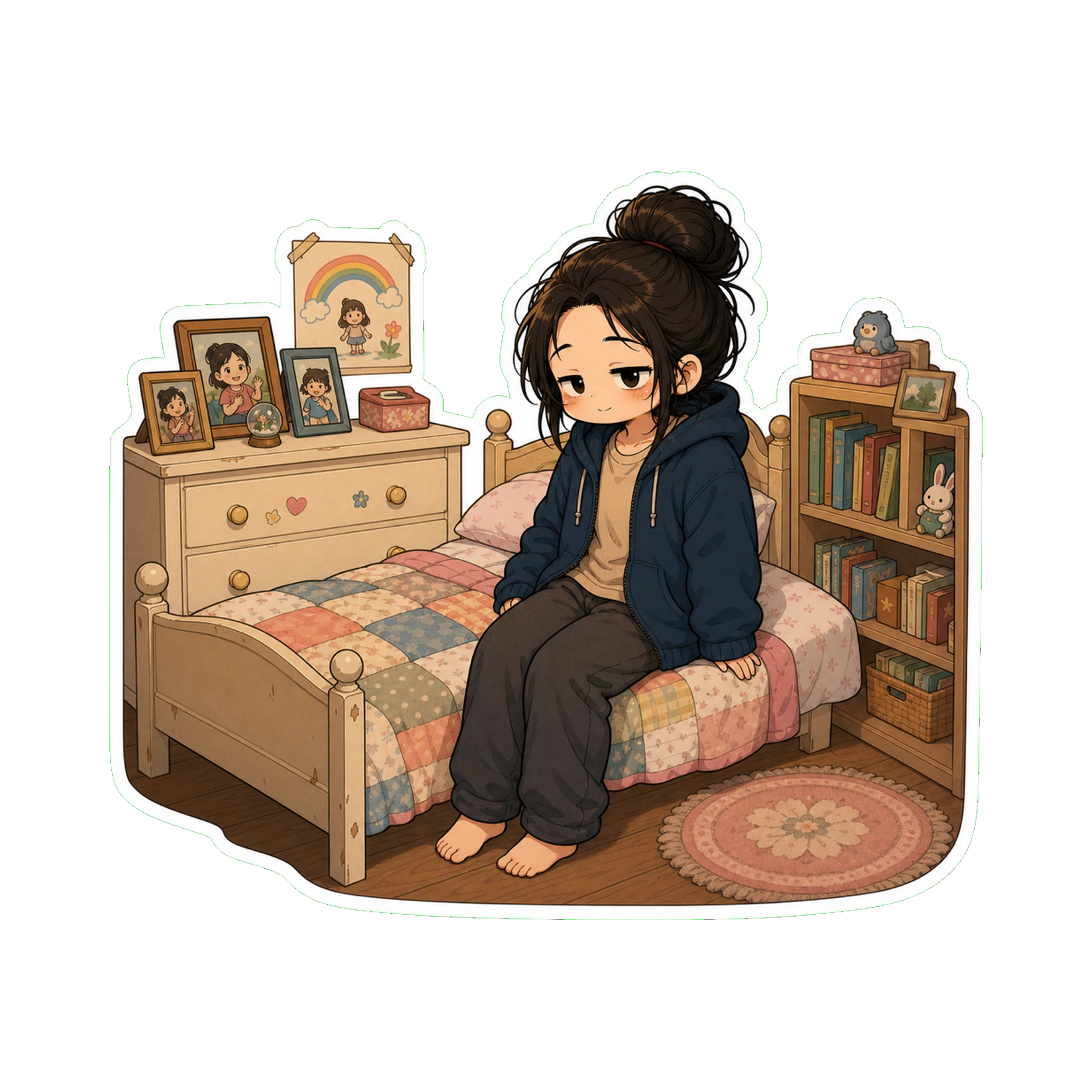 Jan in a small bedroom — clearly a children's room, kept like one