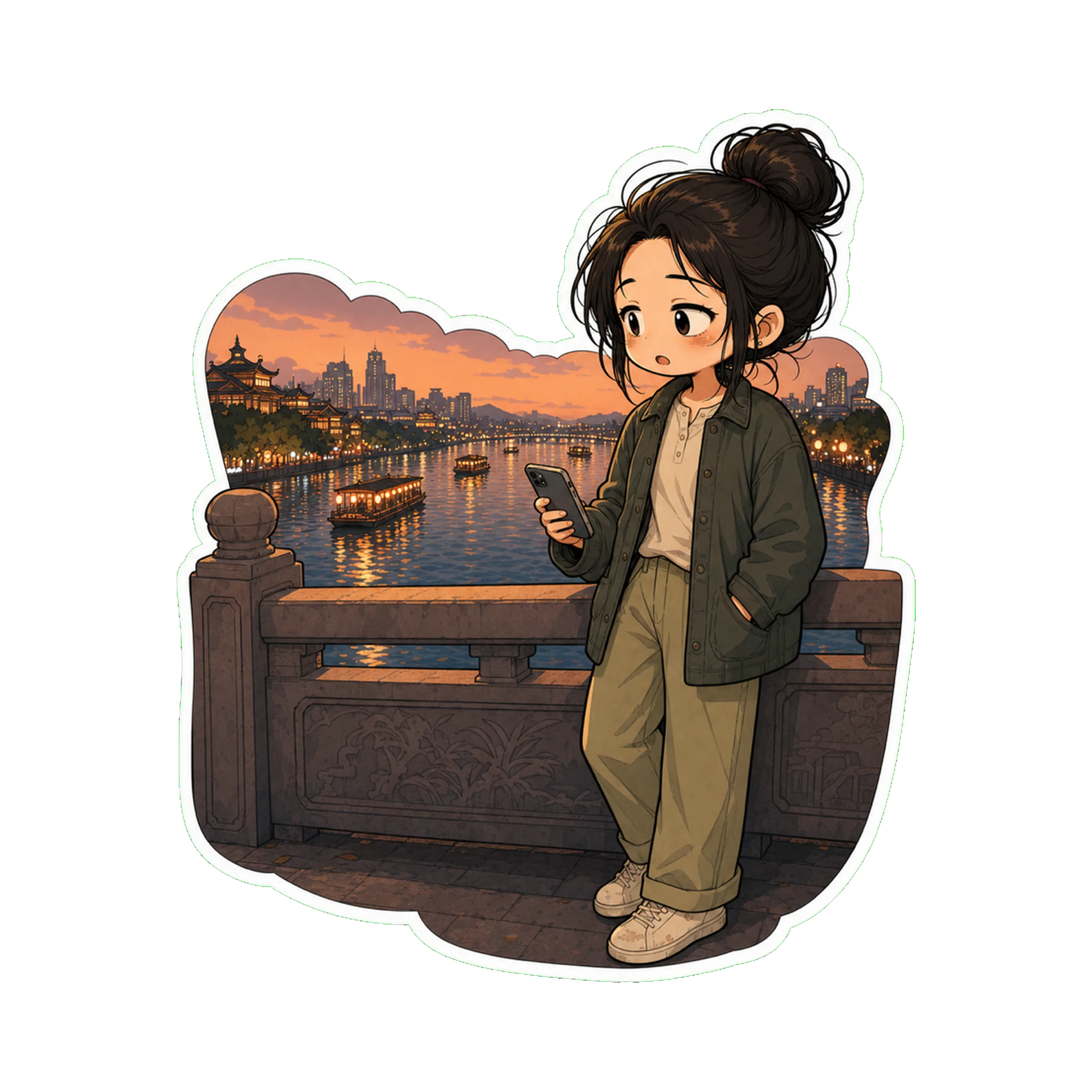 Jan standing on a bridge over the river at dusk