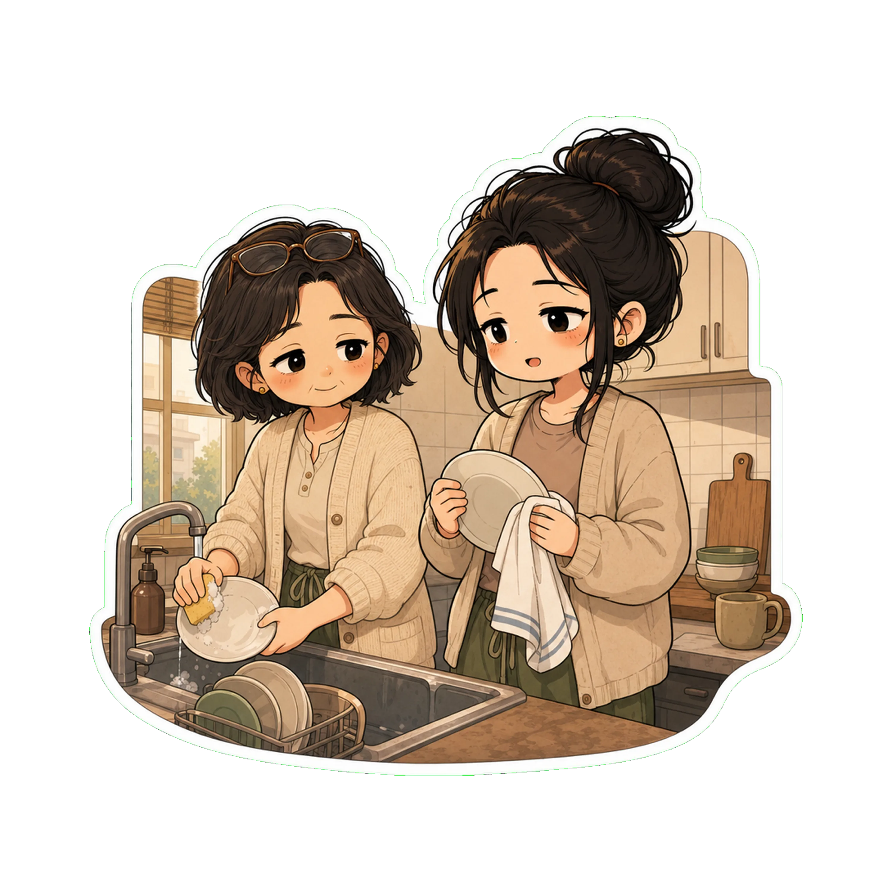 Jan and her mom in the small kitchen of the apartment, both at the sink, doing dishes side by side