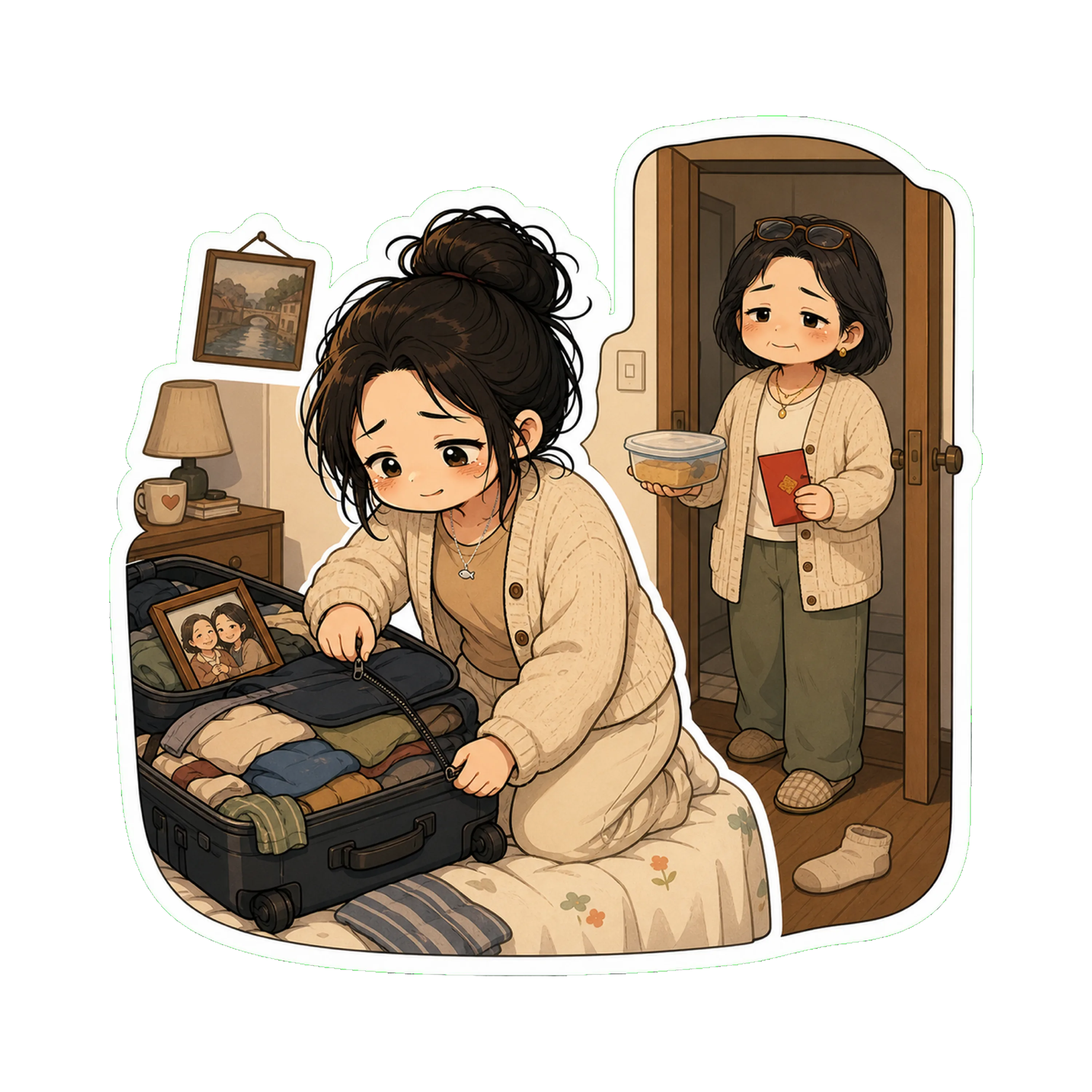 Jan zipping her suitcase in the small bedroom
