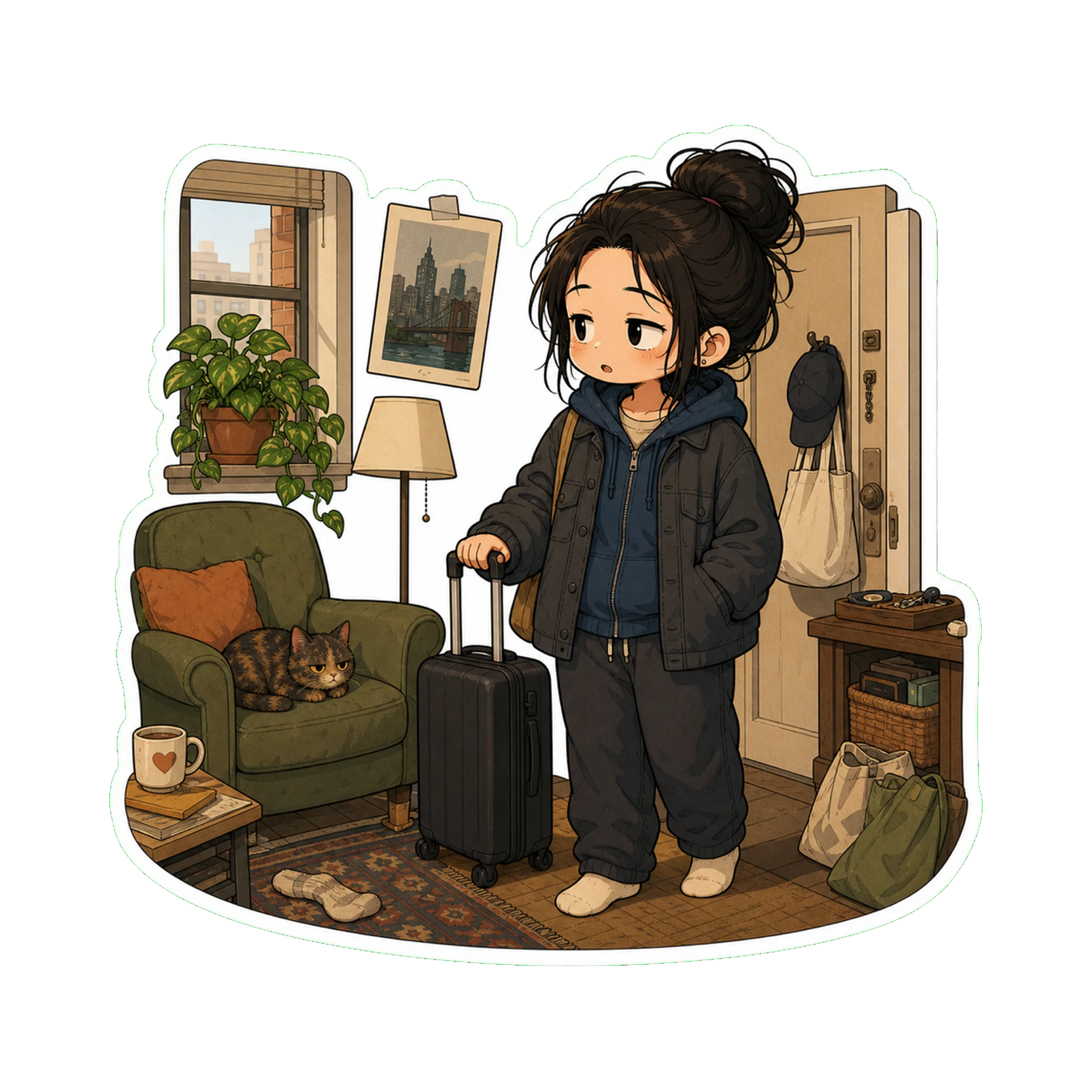 Jan standing in the apartment with her suitcase by the door — just-returned posture (still in the chore jacket over the hoodie, bun slightly more loose from travel)