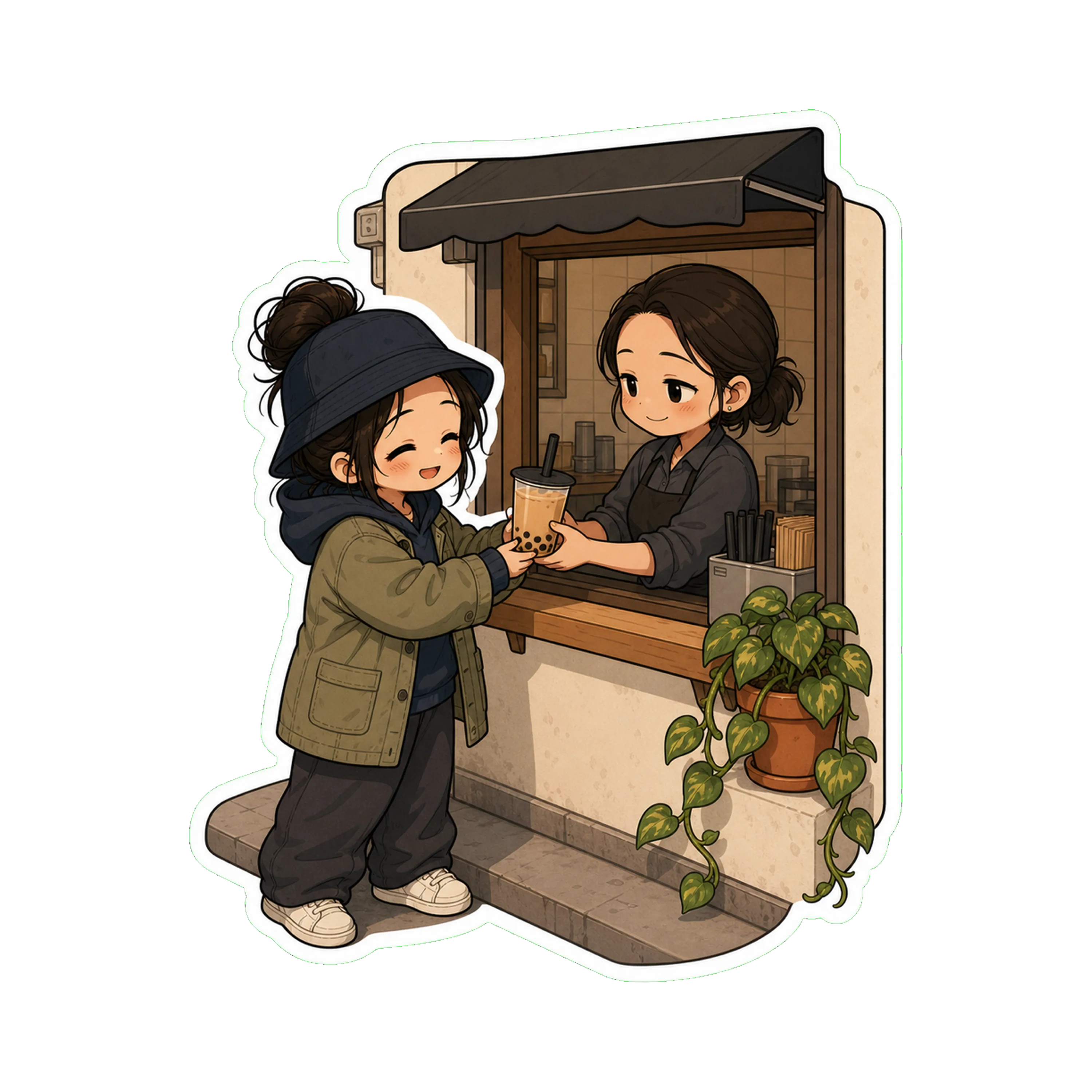 Jan at the boba shop, : bucket hat on, hoodie, the chore jacket