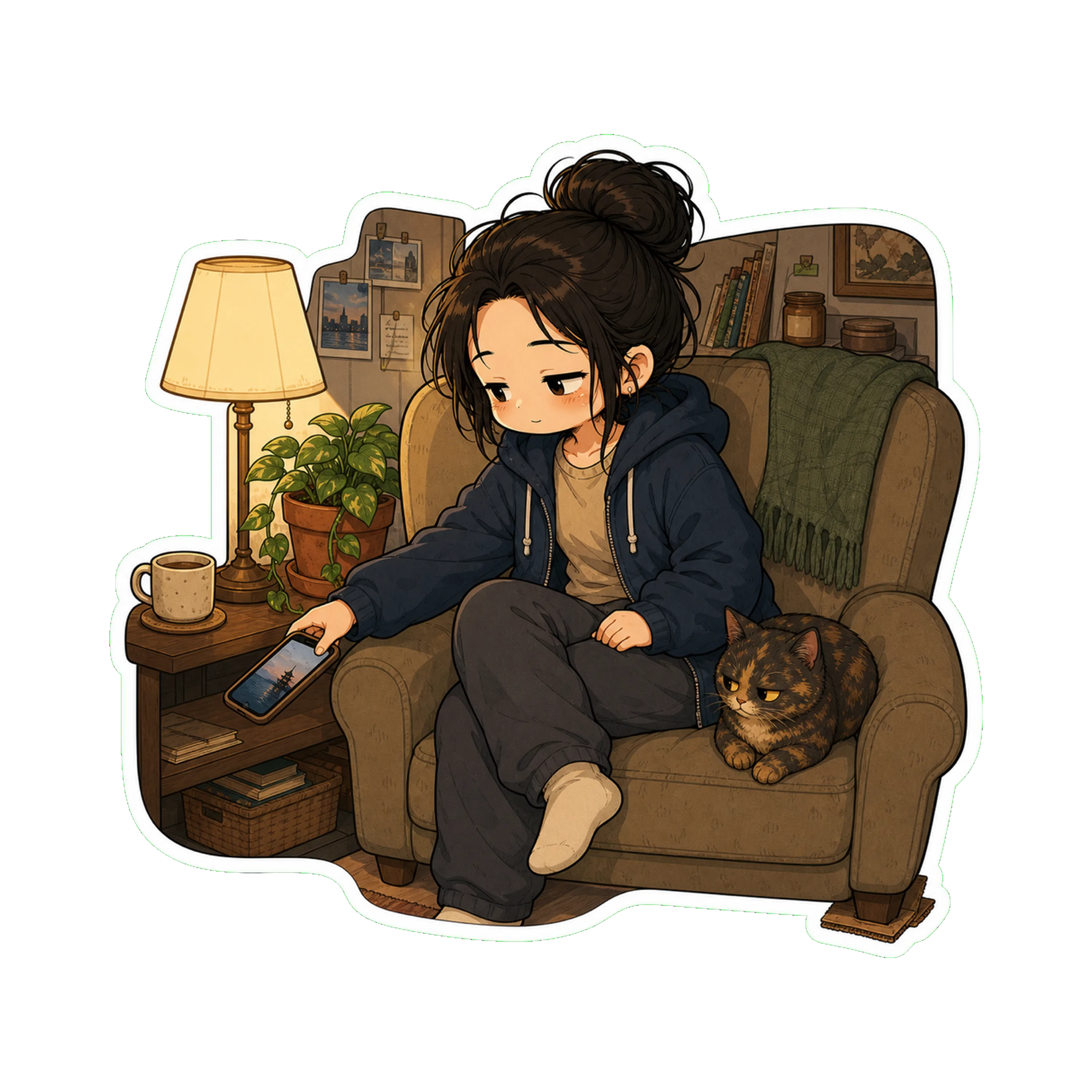 Jan in the chair in the hoodie