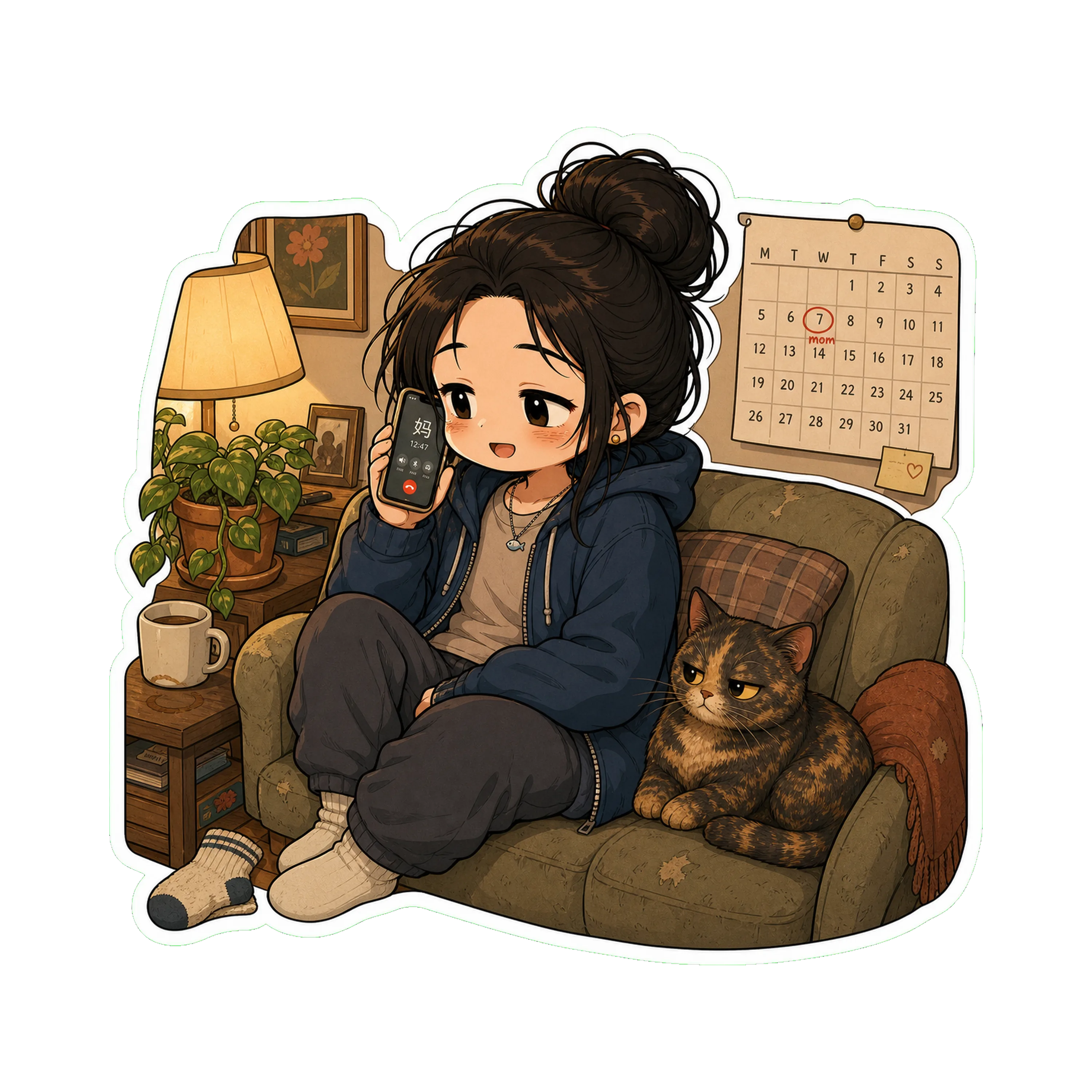 Jan on the couch, hoodie on, lamp lit