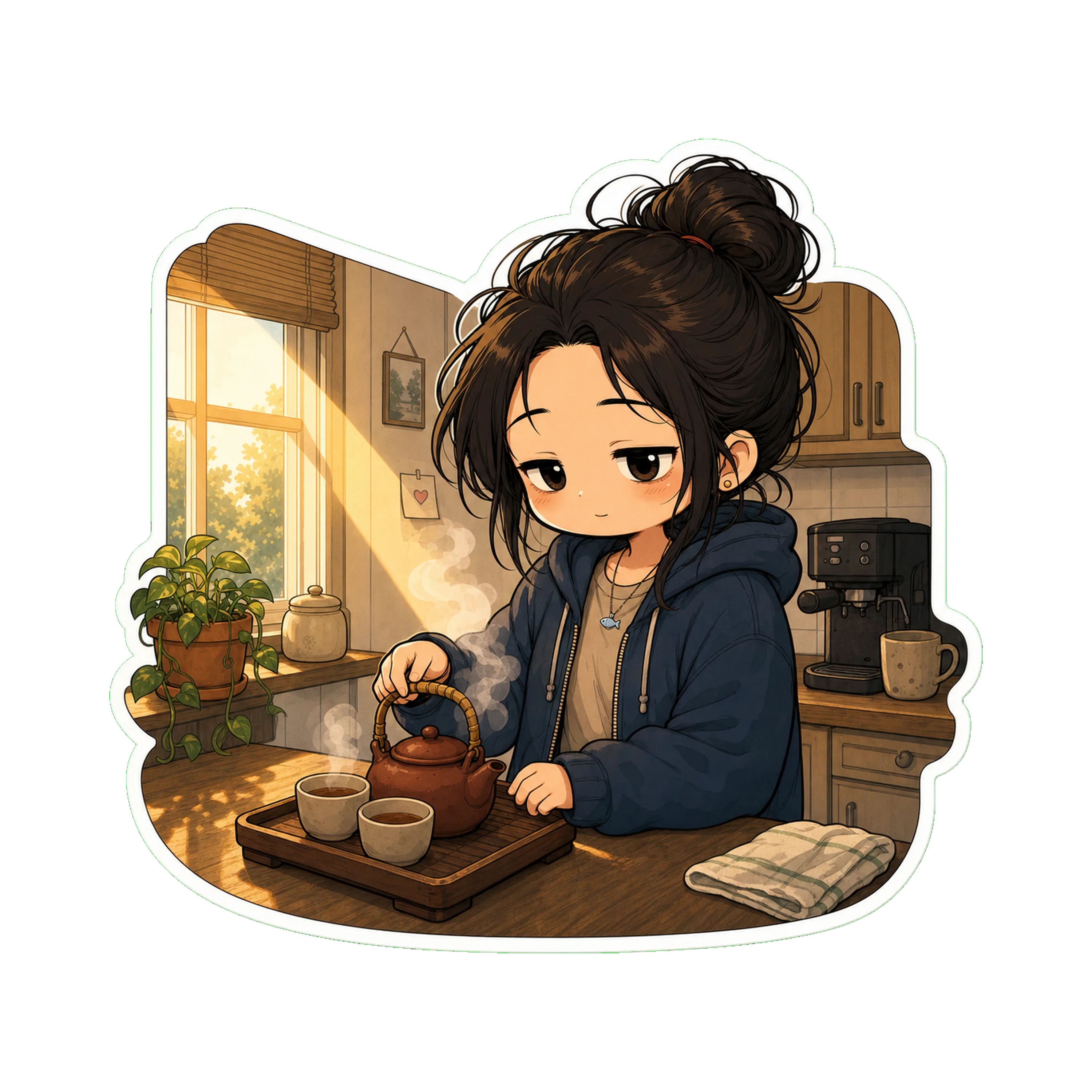 Jan at her kitchen counter in the morning, making tea