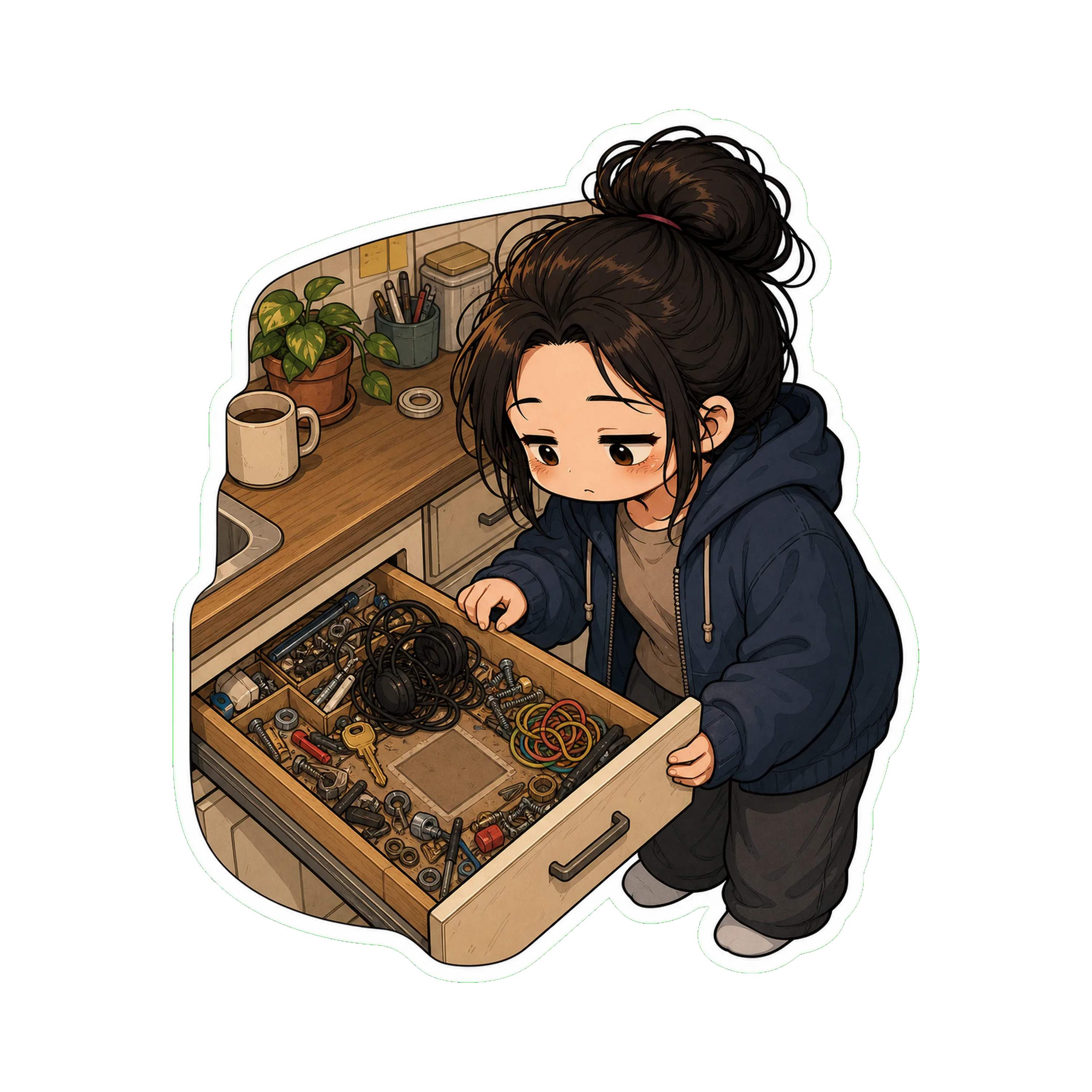 Jan opening the kitchen junk drawer (the Pack 03 #04 / Pack 07 #09 callback drawer)