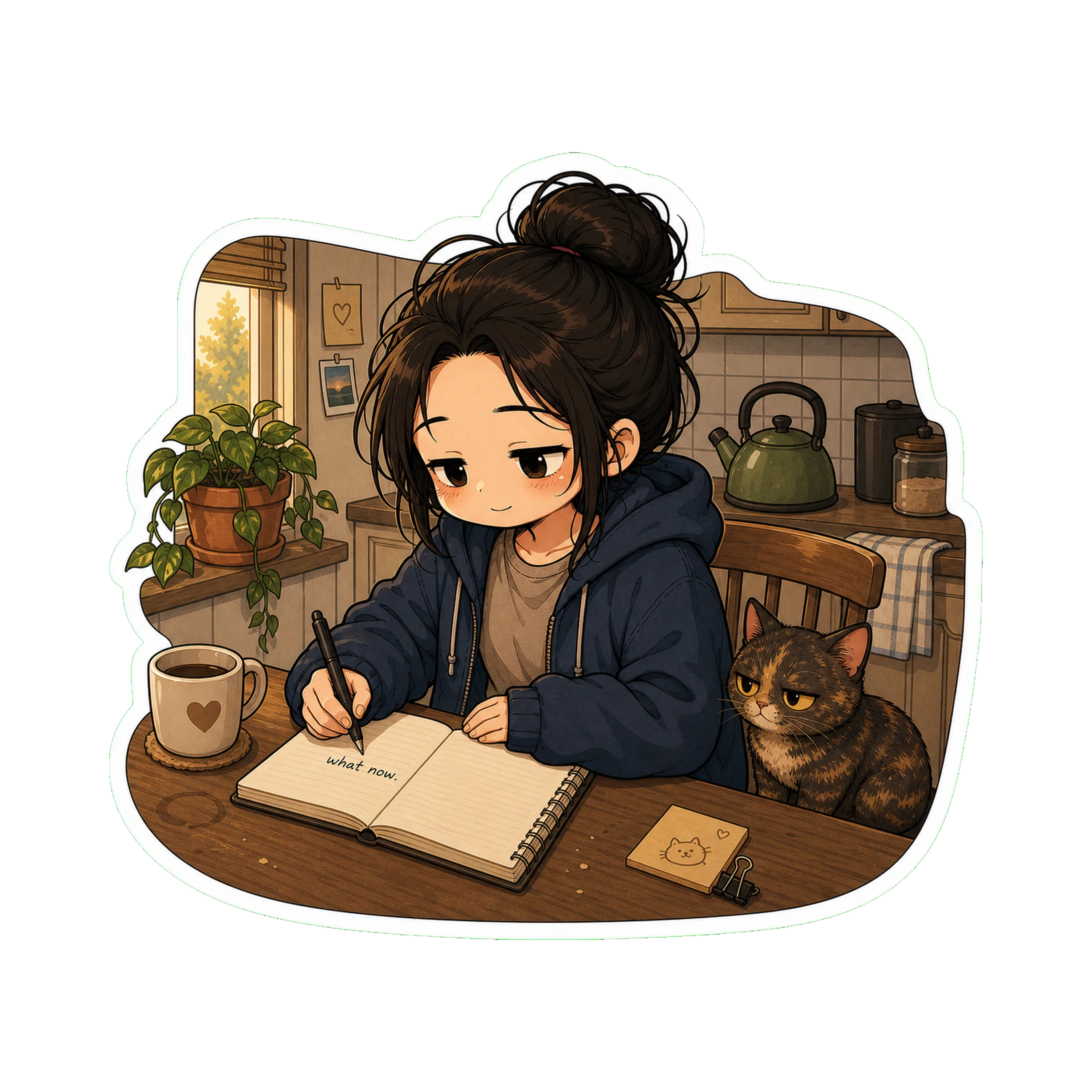 Jan at the kitchen table in the morning, hoodie on, the bun loose