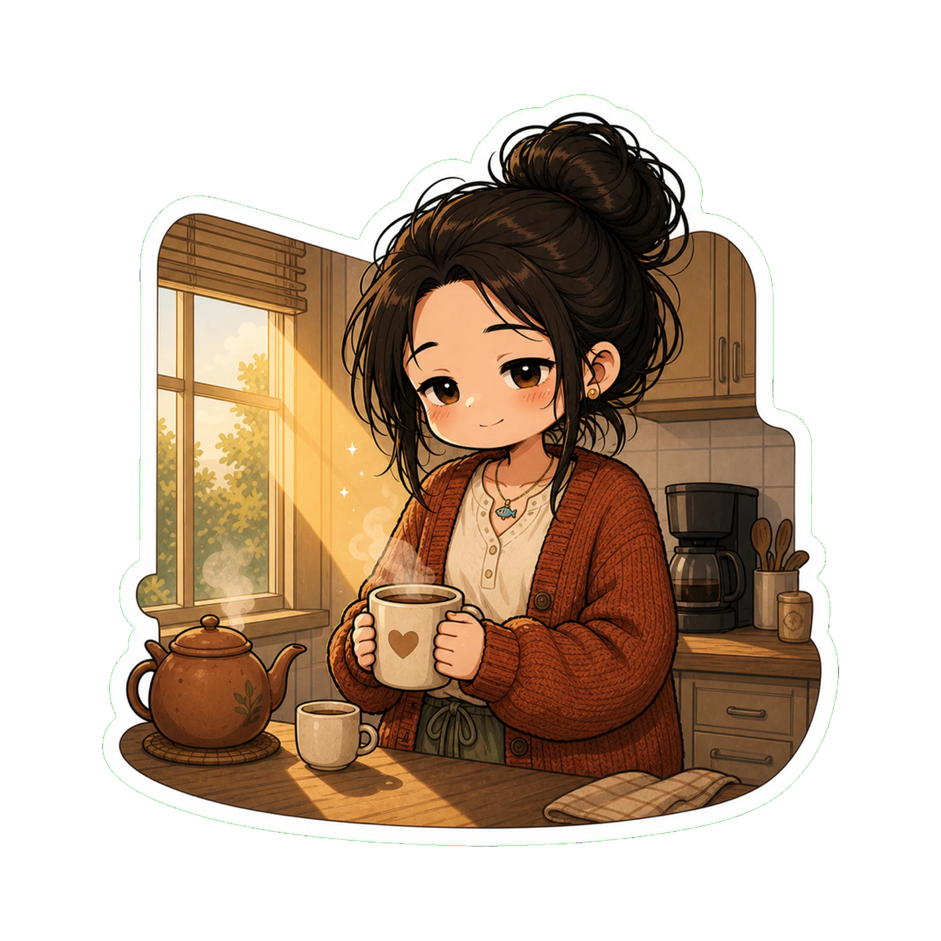 Jan at the kitchen counter at 8:30 AM, both hands on a mug of tea (from the Hangzhou clay teapot, steaming on the counter)