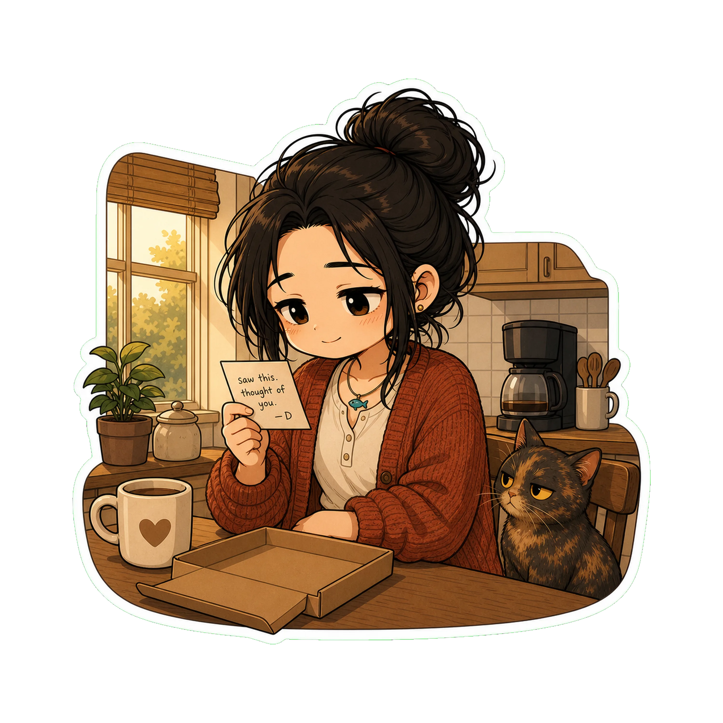 Jan at her kitchen table, the cardigan visible on her, a small handwritten note from her brother propped up between her and a small unfolded box (the cardigan was a gift from Da…