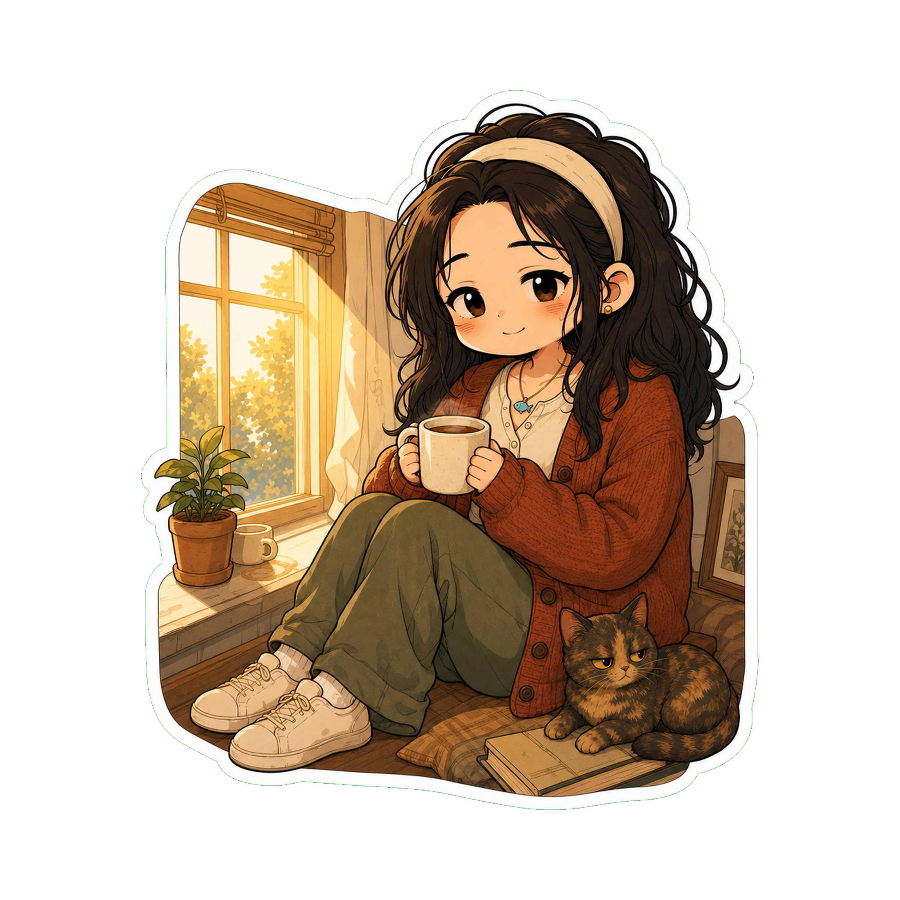 Jan by the window in Sunday-at-four golden light, holding tea