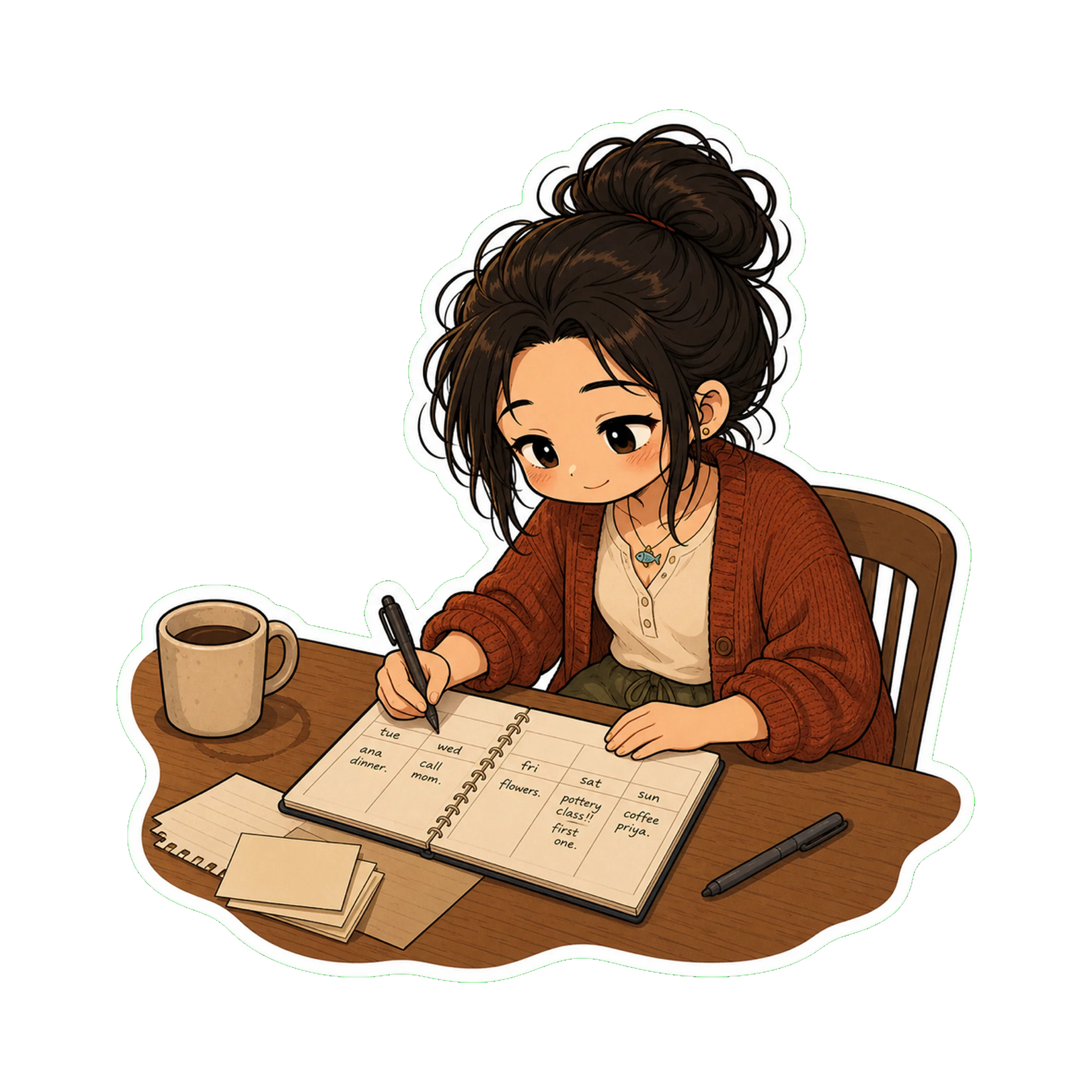 Jan at her desk looking down at a small physical paper week-planner (not the work calendar — a private one)