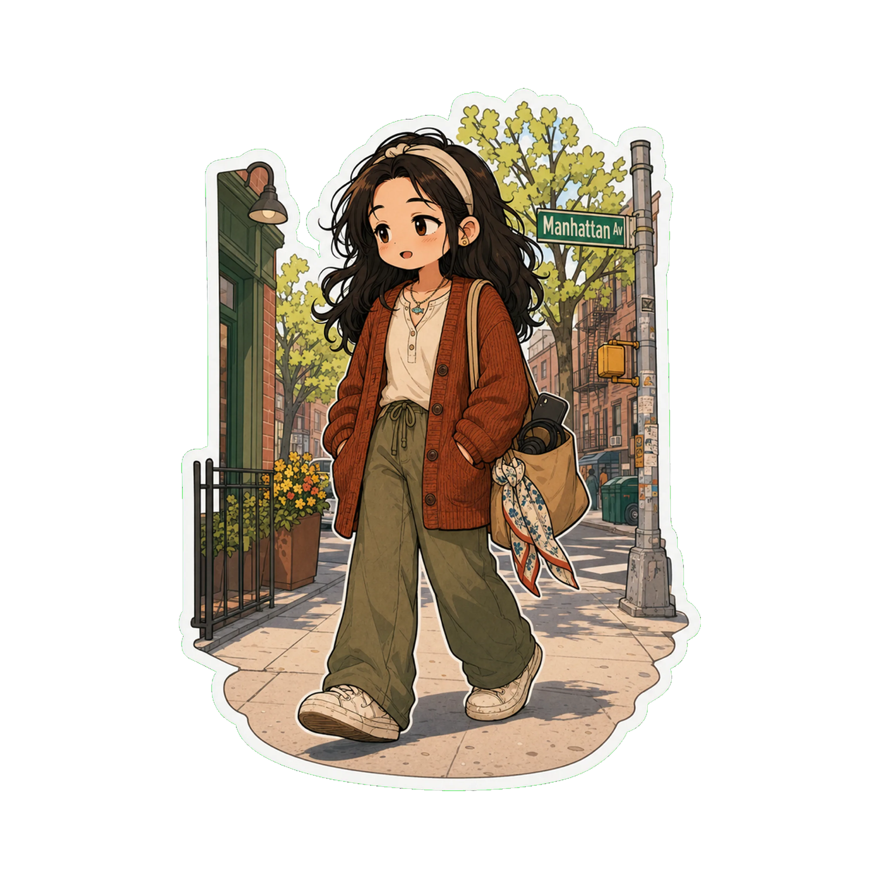 Jan walking down Manhattan Ave in spring light, hands in the cardigan pockets, hair down with the headband, white sneakers