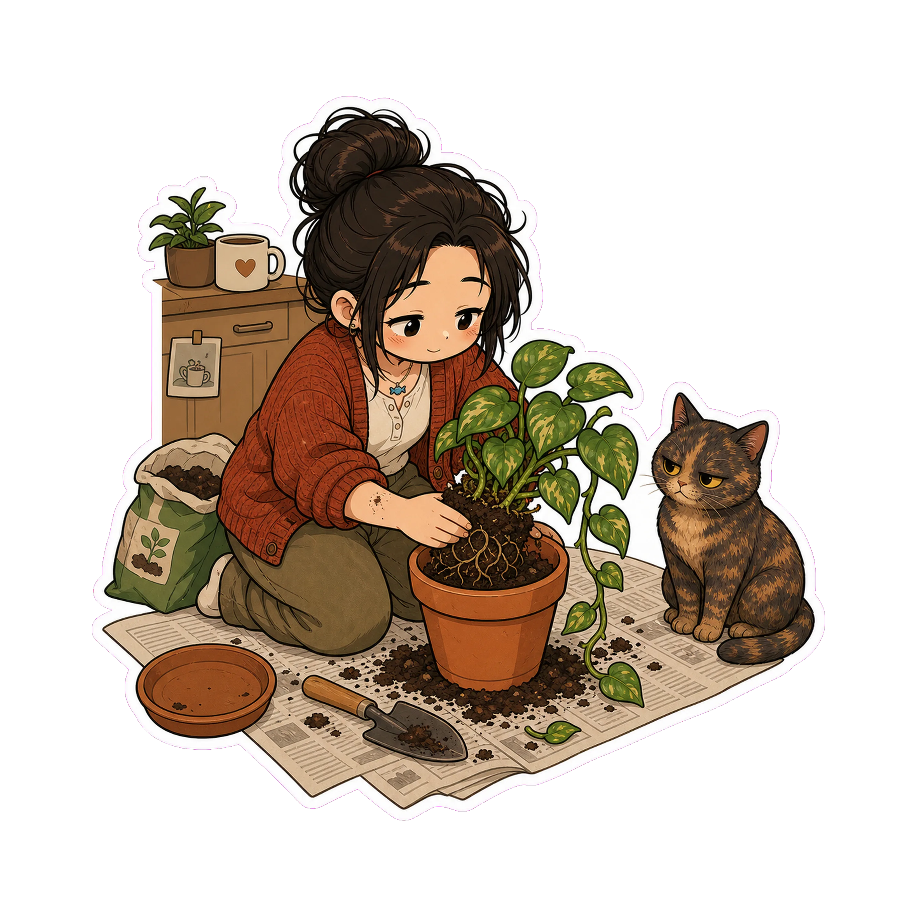 Jan kneeling on a spread-out newspaper in the kitchen, repotting Greg into a slightly larger terracotta pot