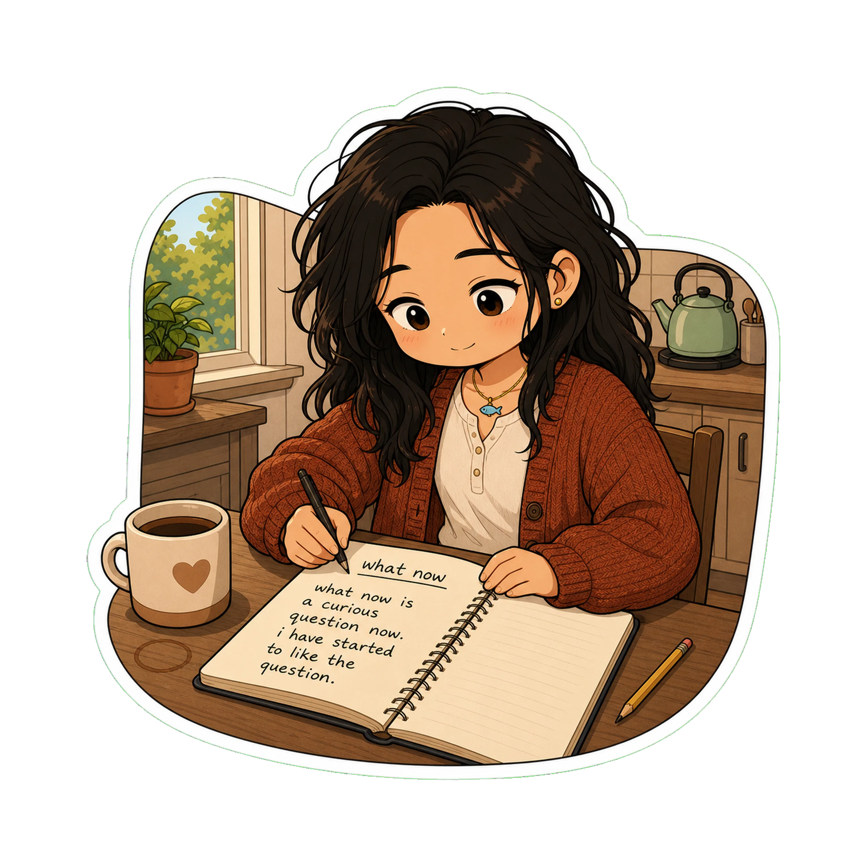 Jan at the kitchen table with the notebook open