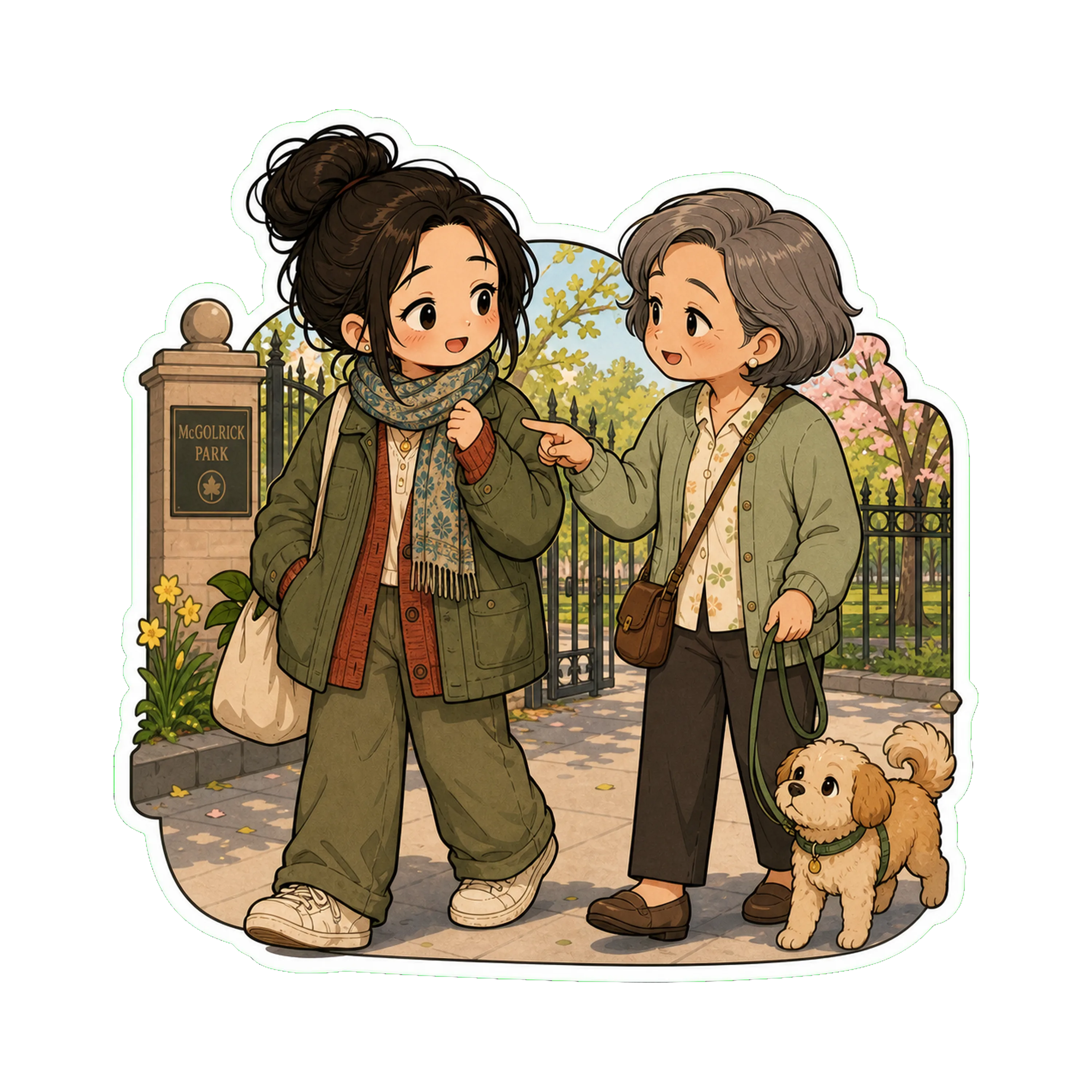 Jan walking near the McGolrick Park gate in the chore jacket over the cardigan, in spring light, talking to an older woman with a small dog