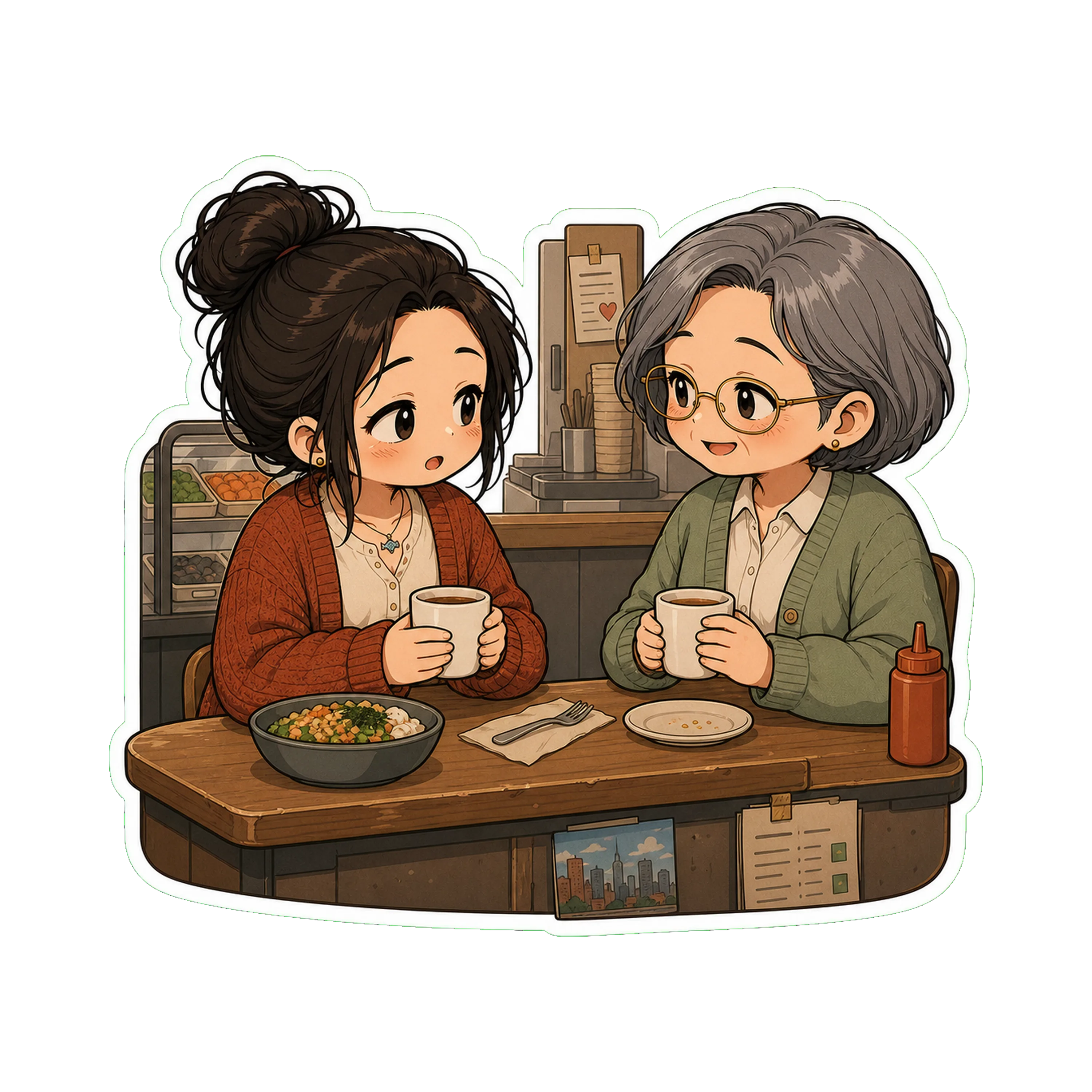 Jan at a small lunch counter near the office, sharing a meal across from a woman she works with — Wendy from work, older, hair grey, smiling