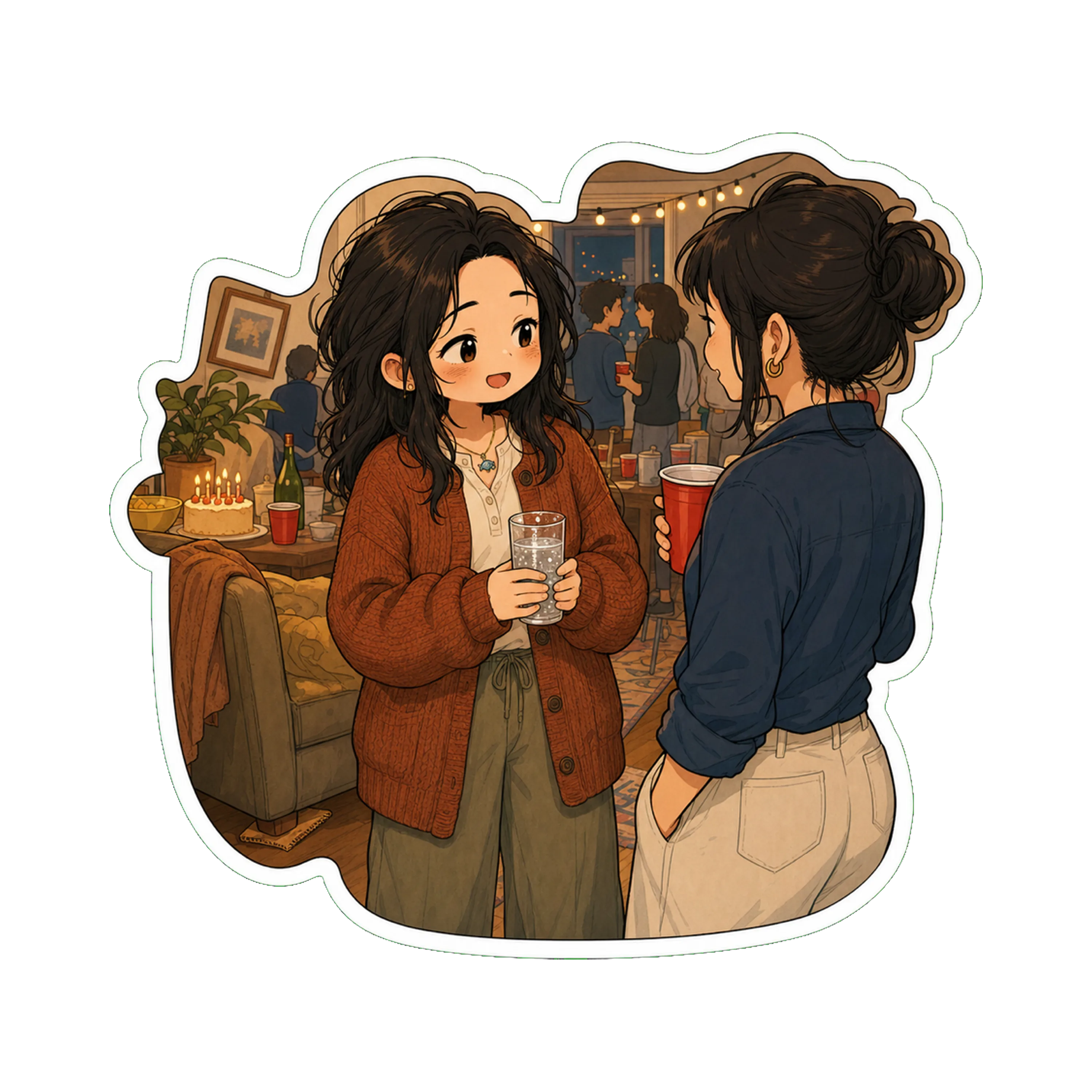 Jan at a small crowded loft birthday party, holding a glass of seltzer, in the trying-mode look (cardigan buttoned higher, hair down, Mary Janes)