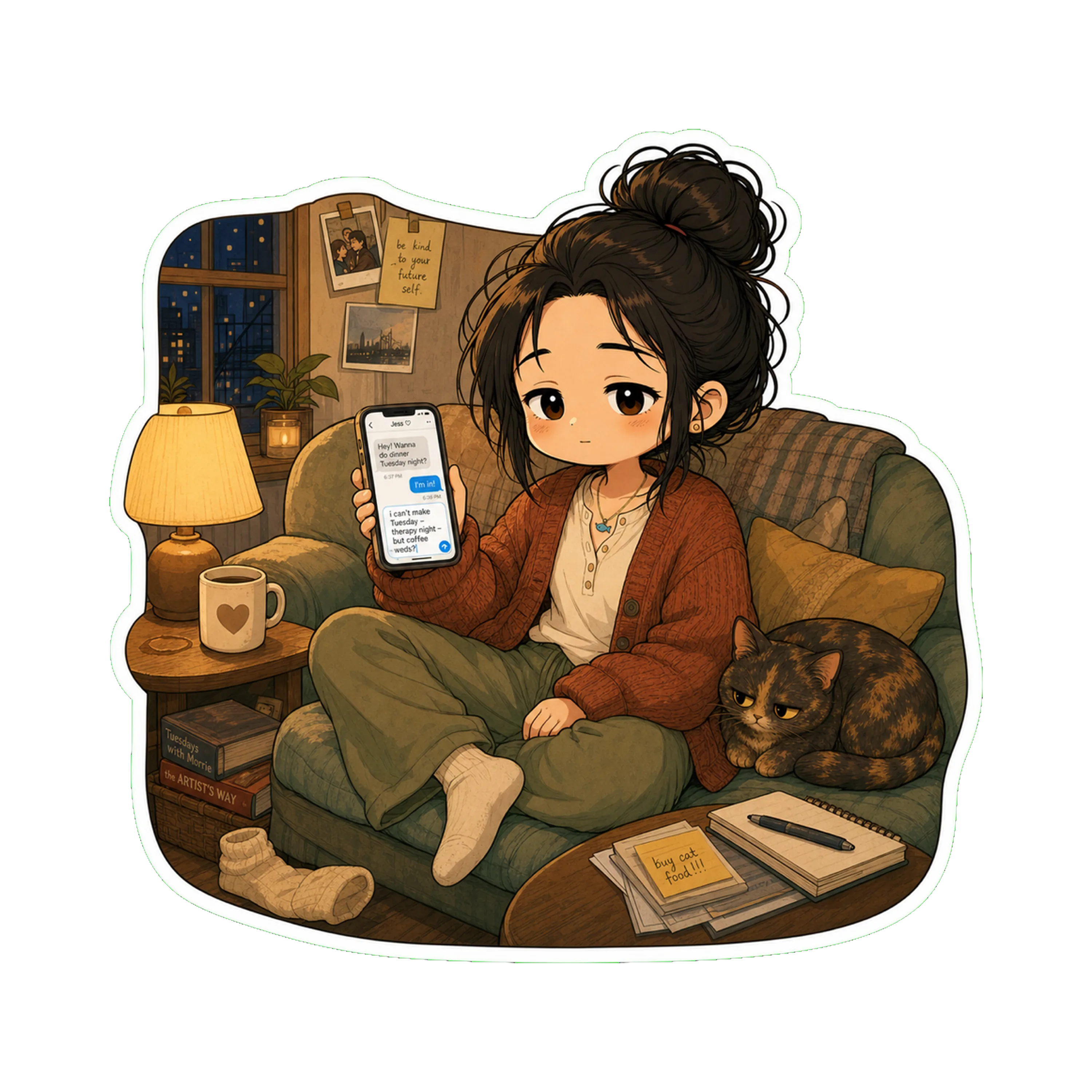 Jan on the couch at home with the phone in hand, the message thread visible: an invite for a Tuesday night, and Jan's reply mid-typed: *'i can't make Tuesday — therapy night — b…