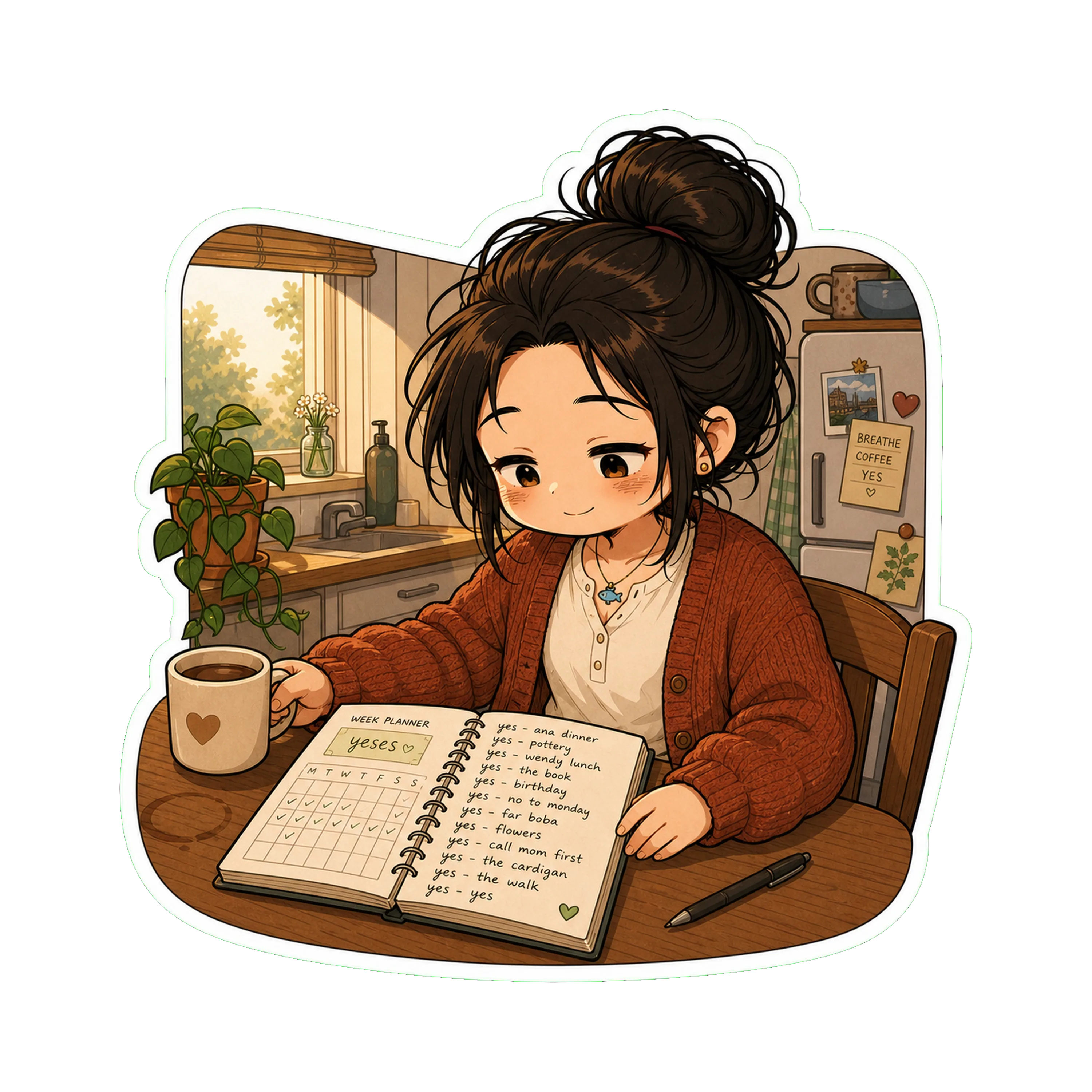 Jan at the kitchen table, week-planner open to the *yeses* page