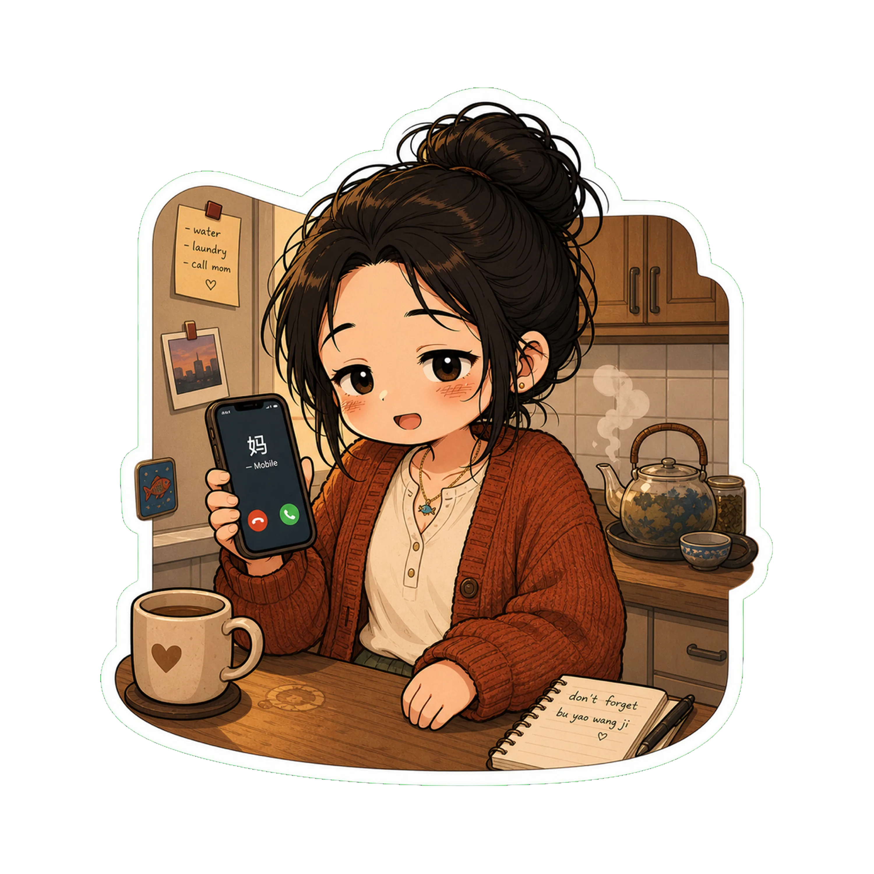 Jan at her kitchen counter at 8:02 PM Wednesday, phone visible in her hand, the call screen lit: *妈 — Mobile.* Cardigan on