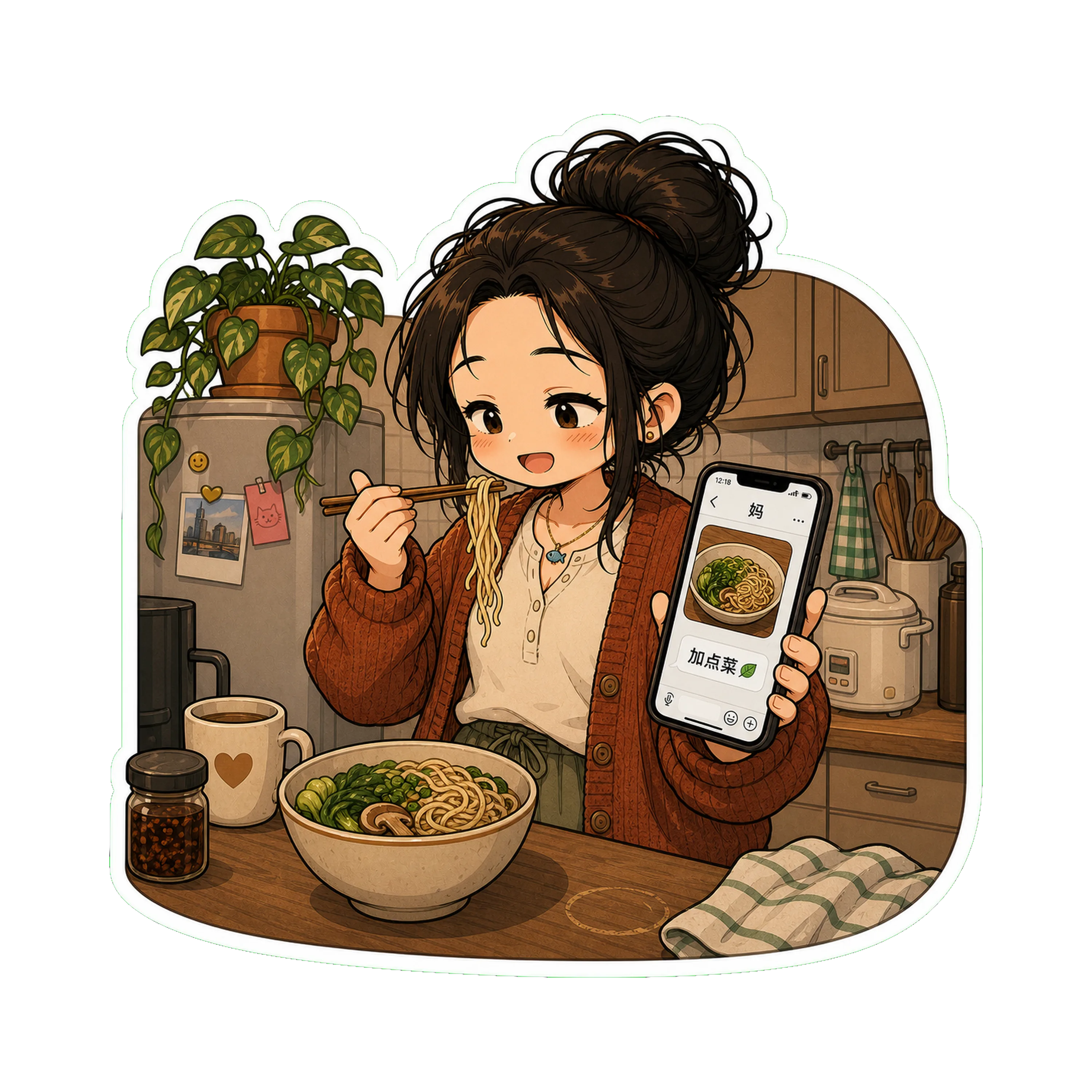 Jan in the kitchen at the standing counter, mid-bite of noodles, phone in her other hand
