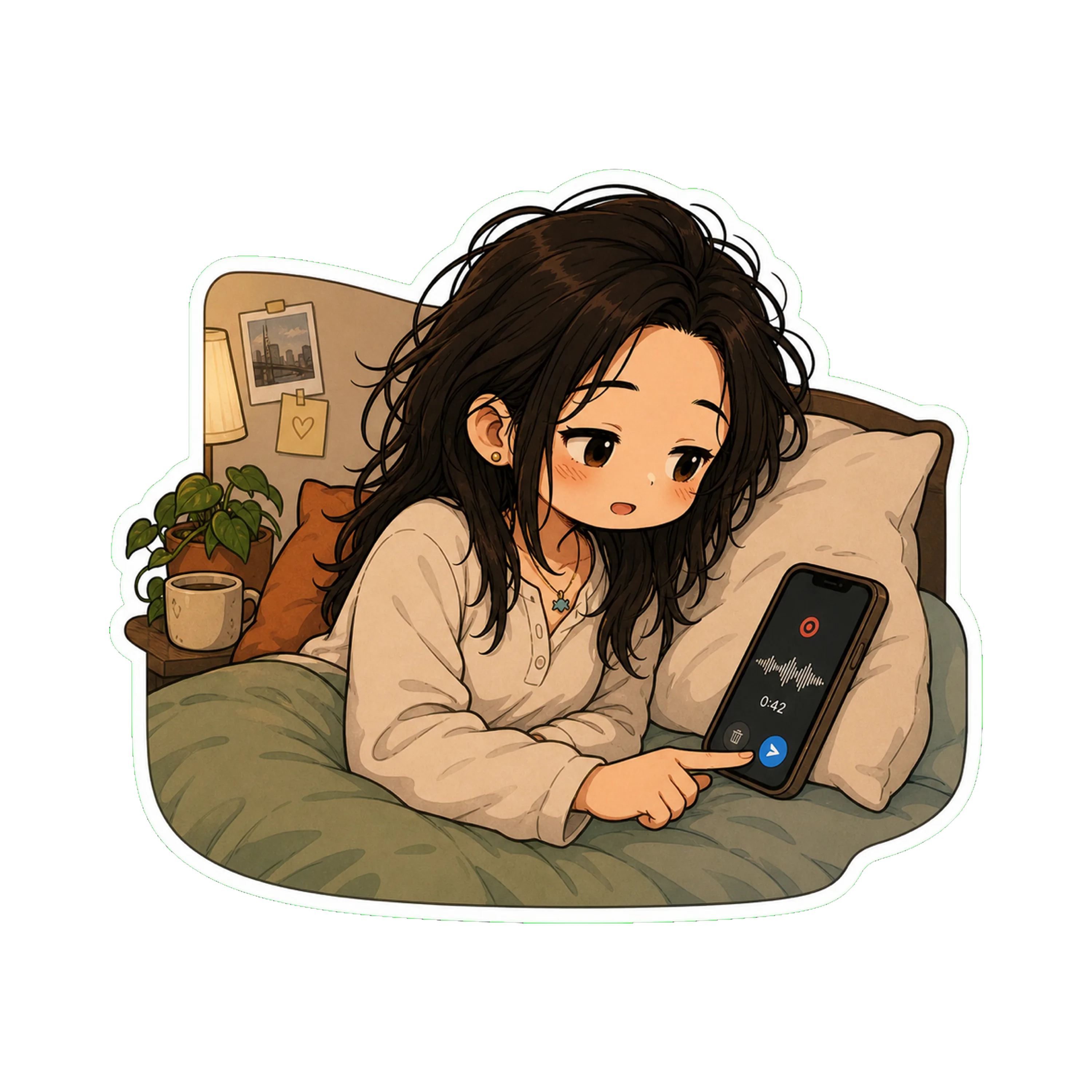 Jan in bed in the lounge variant (cream long-sleeve sleep tee, hair down), phone propped against a pillow, the recording screen visible — a waveform in progress, 0:42 elapsed