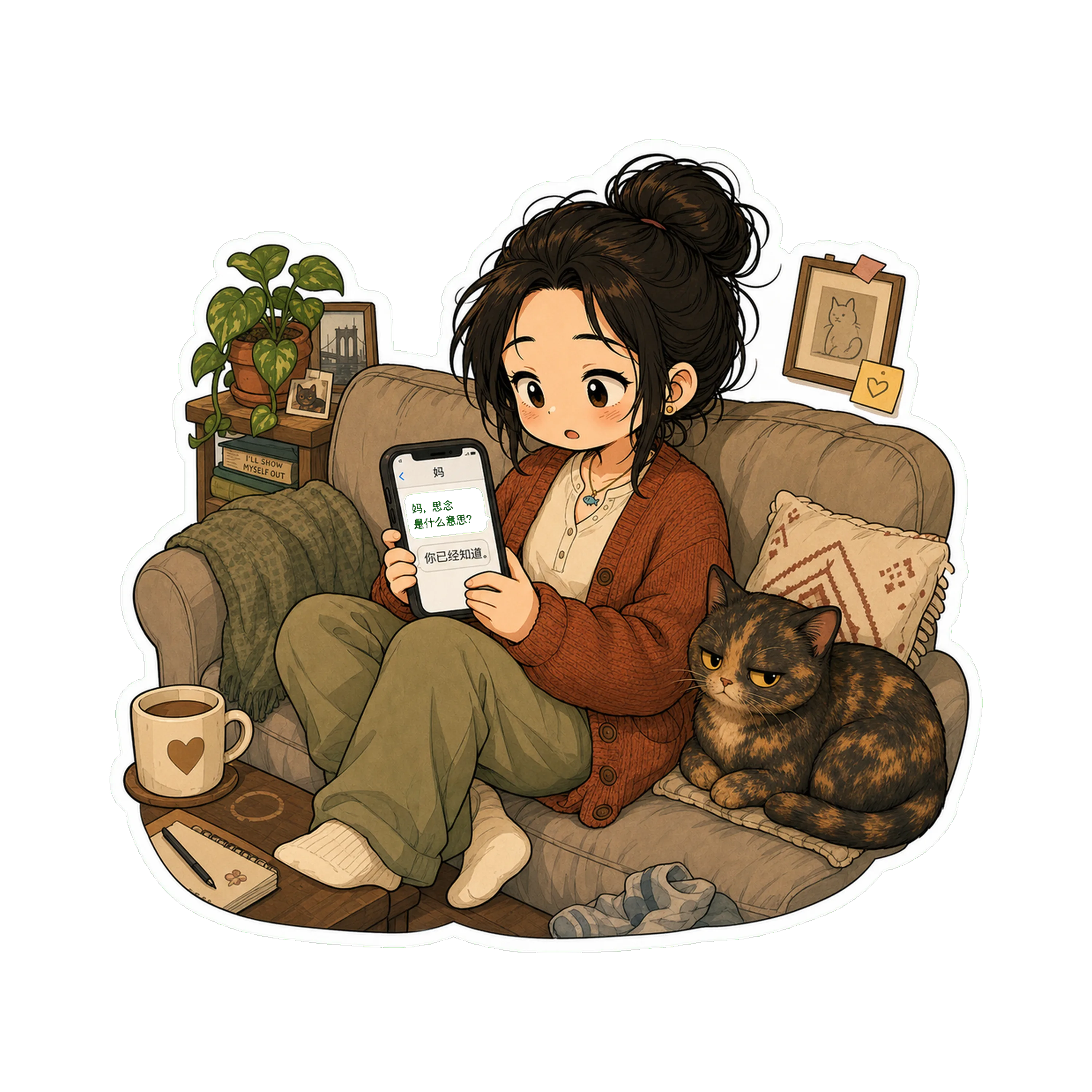 Jan on the couch with the cat next to her, phone in hand