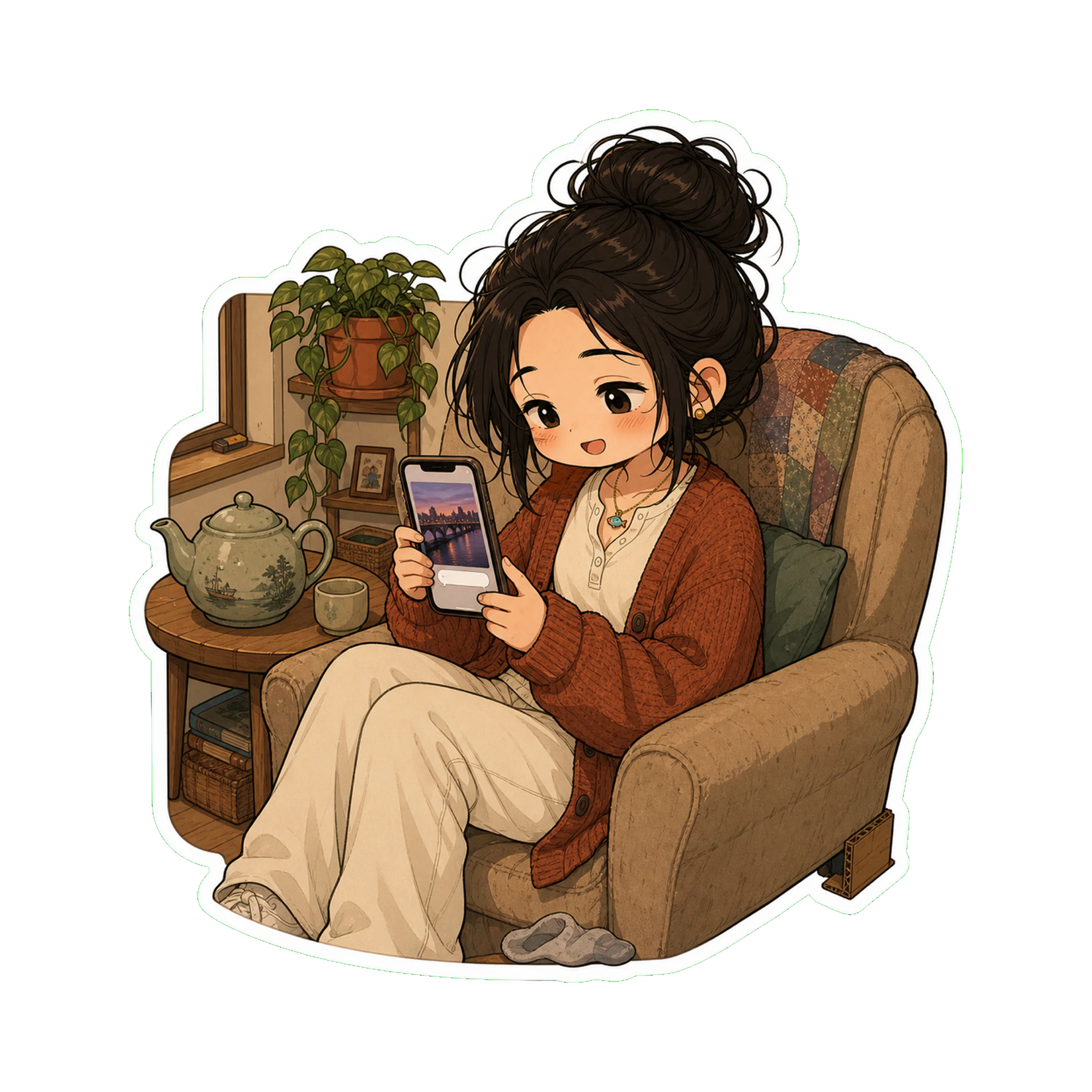 Jan in the chair (the beloved one), phone in hand, screen visible: a photo from *妈* — the river at dusk, same bridge, slightly different angle, sent today