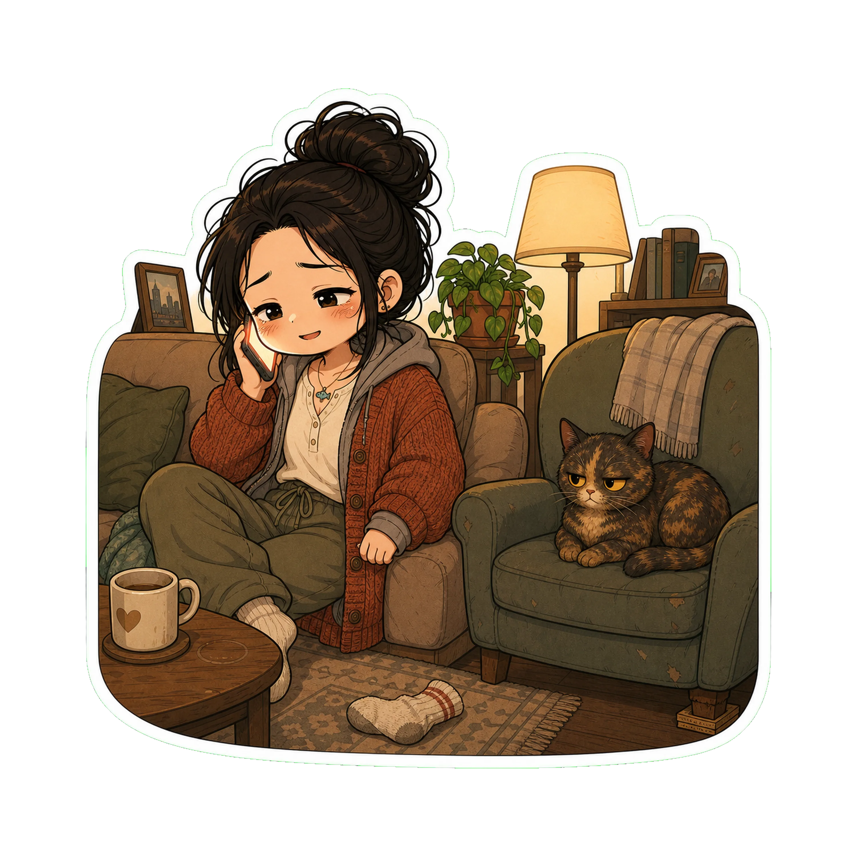 Jan on the couch, phone to her ear, the call winding down