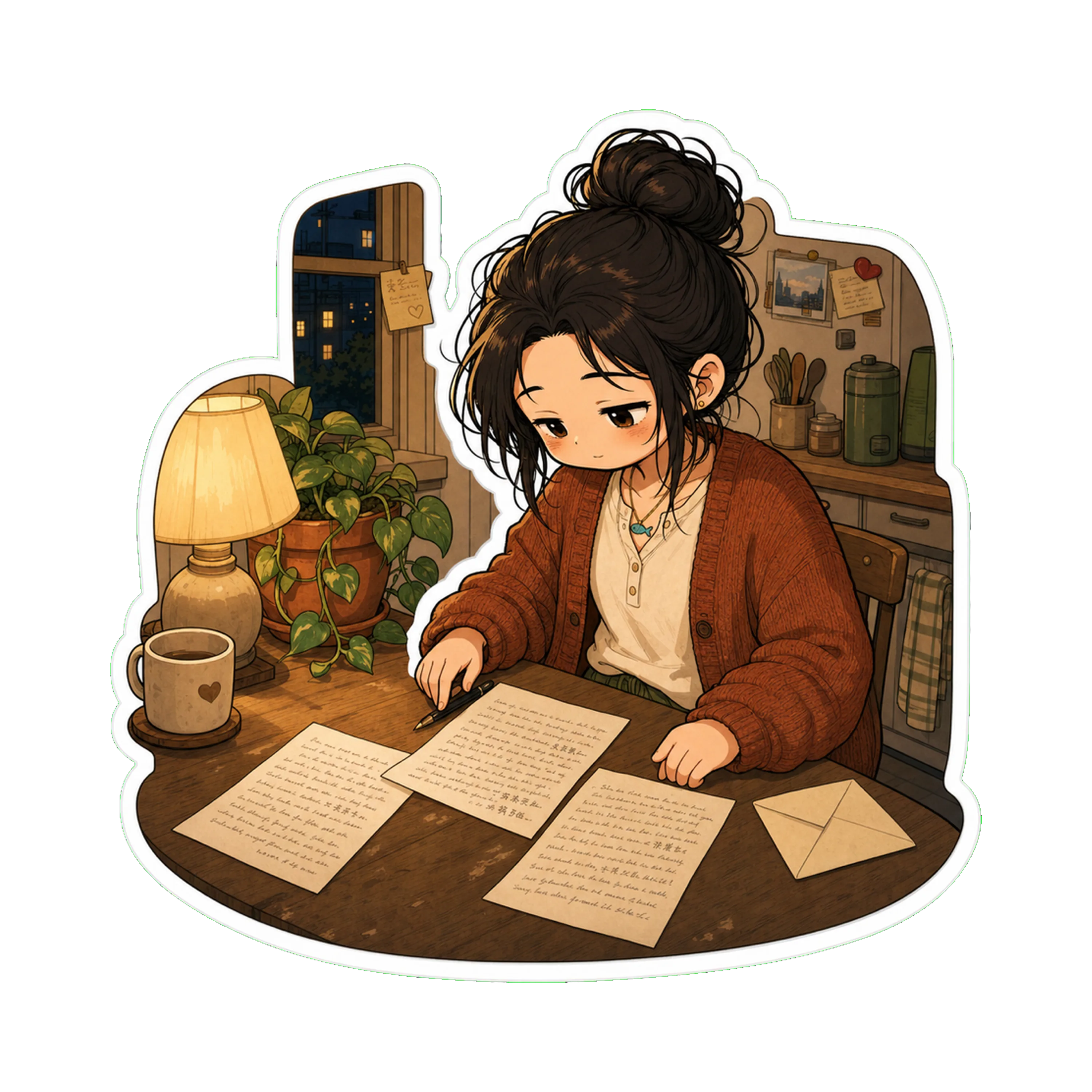 Jan at the kitchen table at night, the lamp on, three handwritten pages spread out — a letter to her mom, in mostly English with some Mandarin characters threaded through