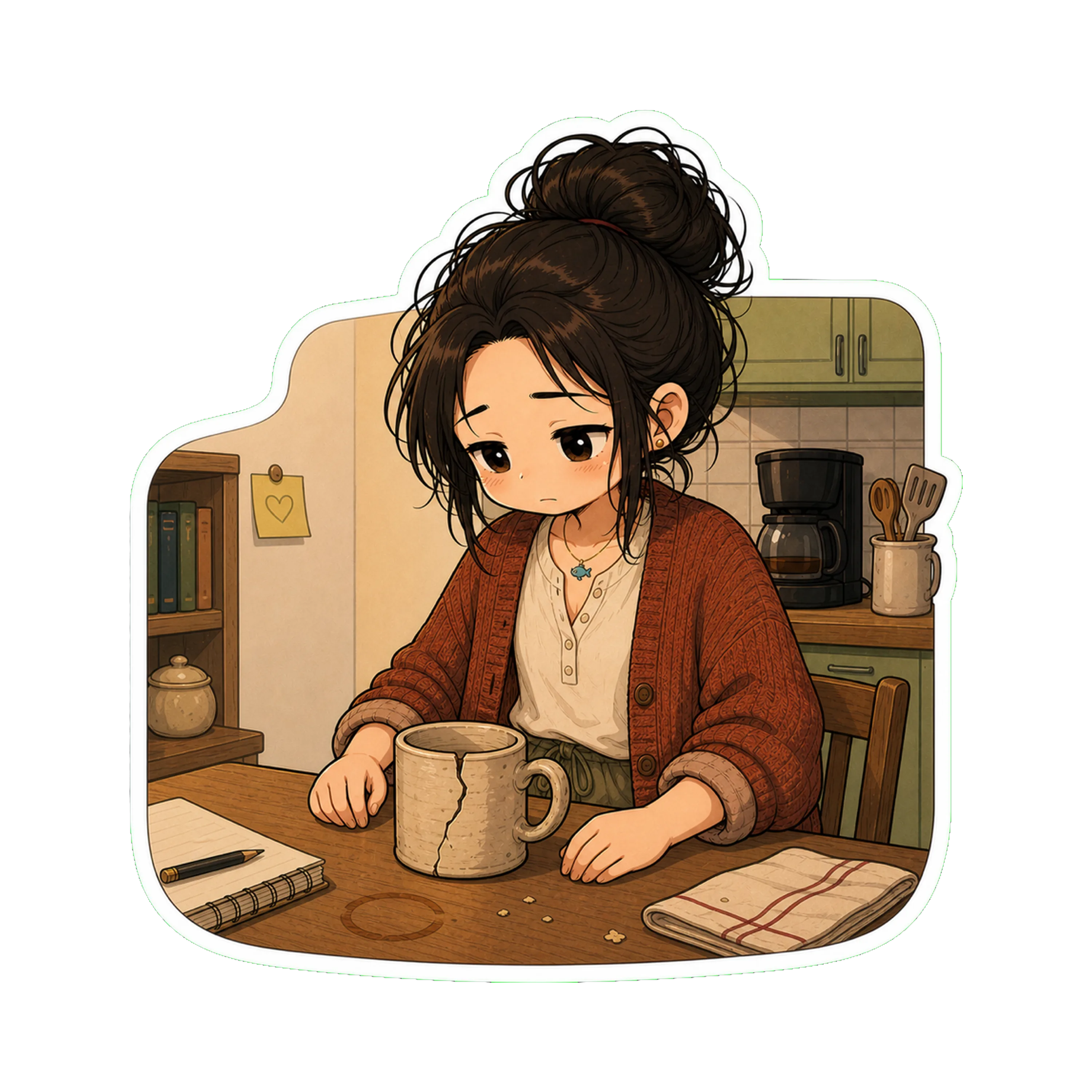 Jan at her kitchen table at home, the cracked mug in front of her — a fissure running from the rim down to the base
